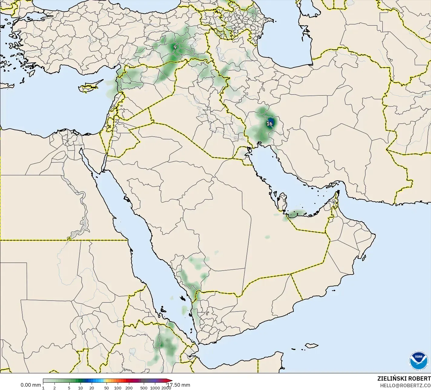 GFS model - Timur Tengah, Akumulasi Curah Hujan