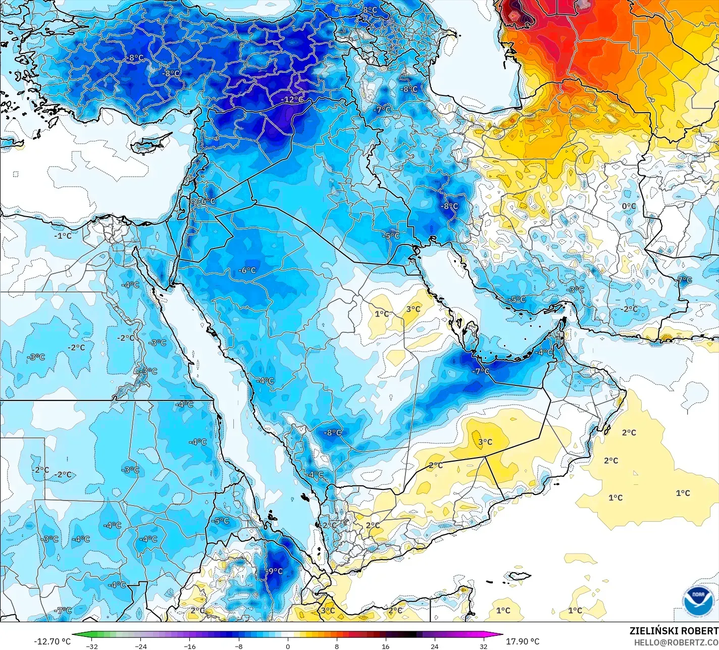 GFS model - Timur Tengah, Anomali Suhu 2 m