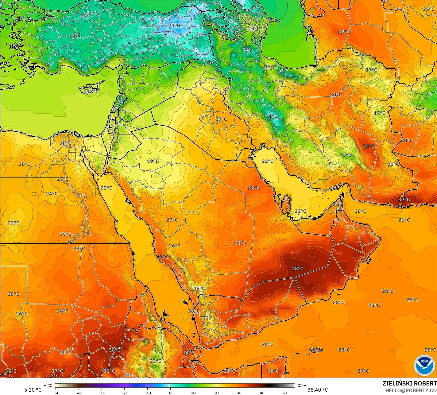 GFS model - Timur Tengah, Suhu 2 m