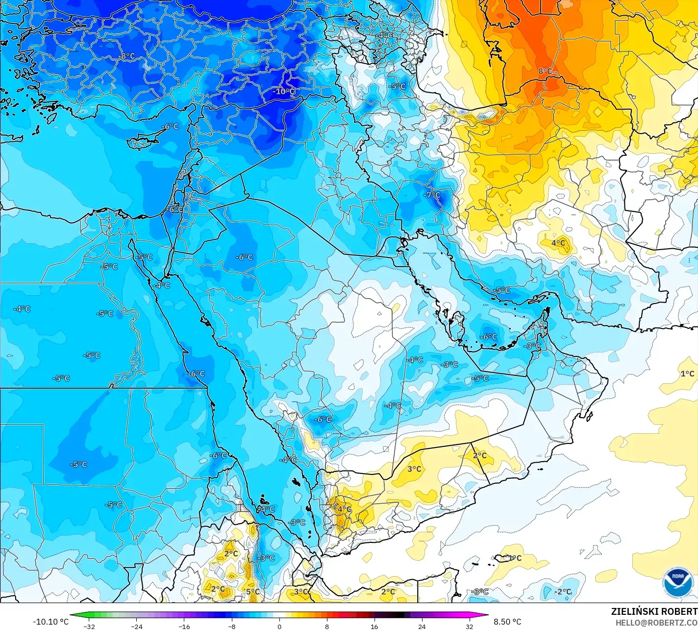GFS model - Timur Tengah, Anomali Suhu 850 hPa