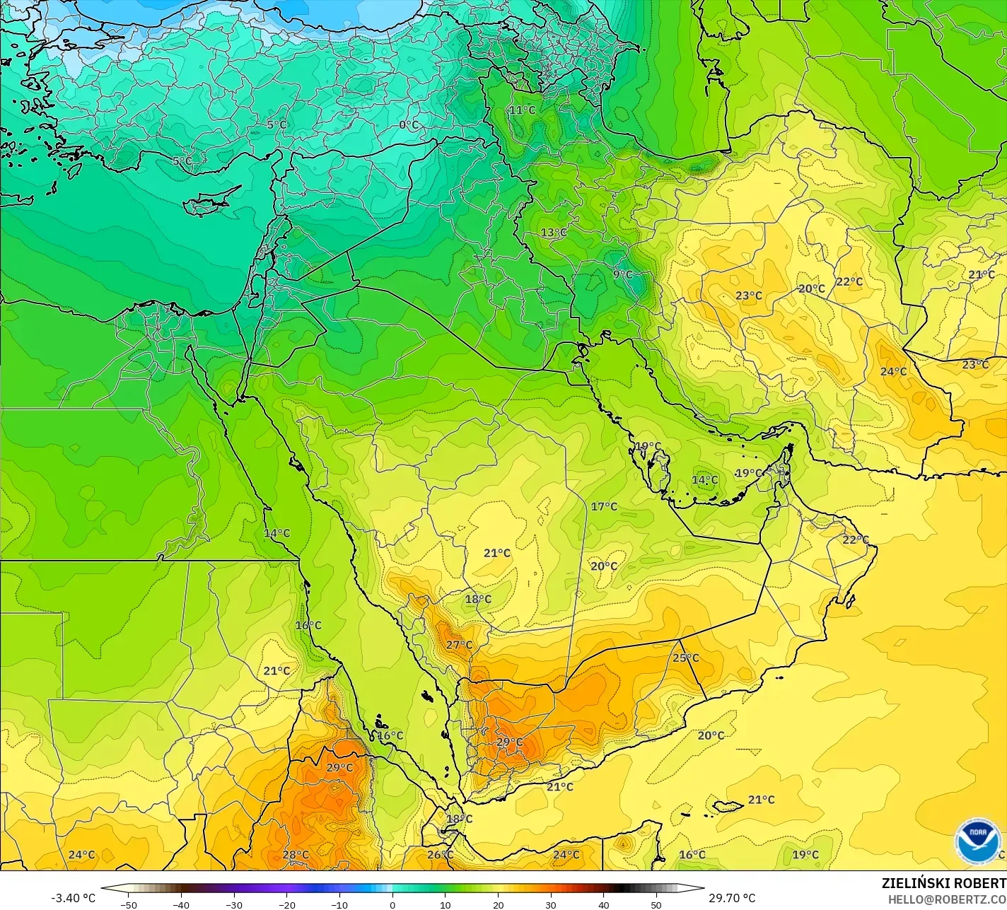 GFS model - Timur Tengah, Suhu 850 hPa