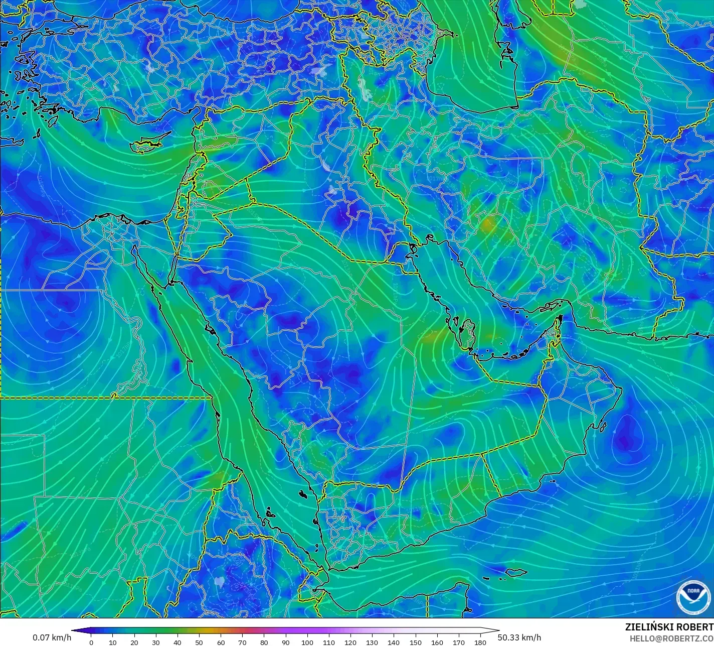 GFS model - Timur Tengah, Angin 10 m