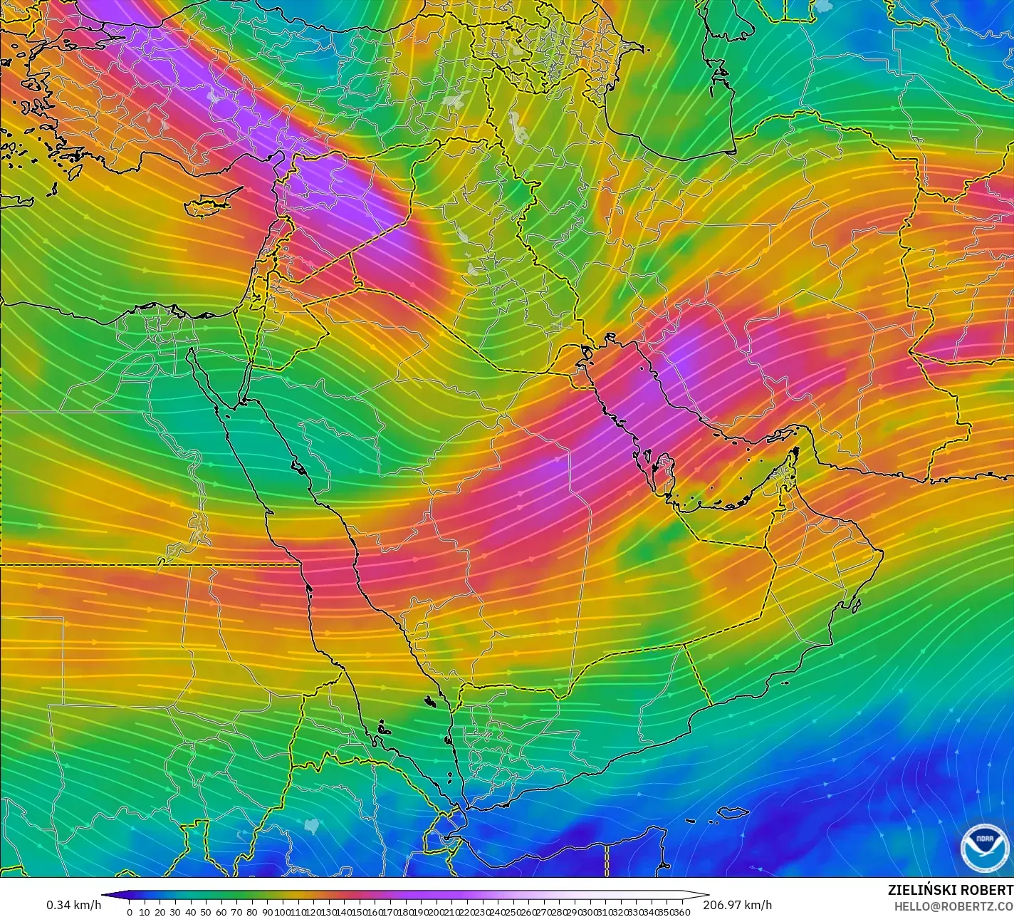 GFS model - Timur Tengah, Angin 300 hPa (aliran jet)