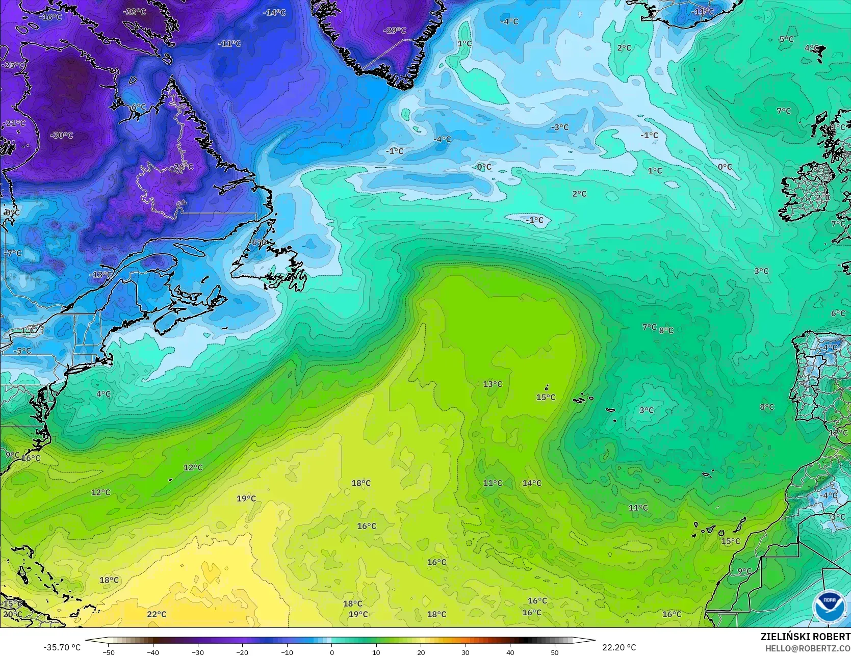 GFS model - Atlantik Utara, Titik Embun 2 m