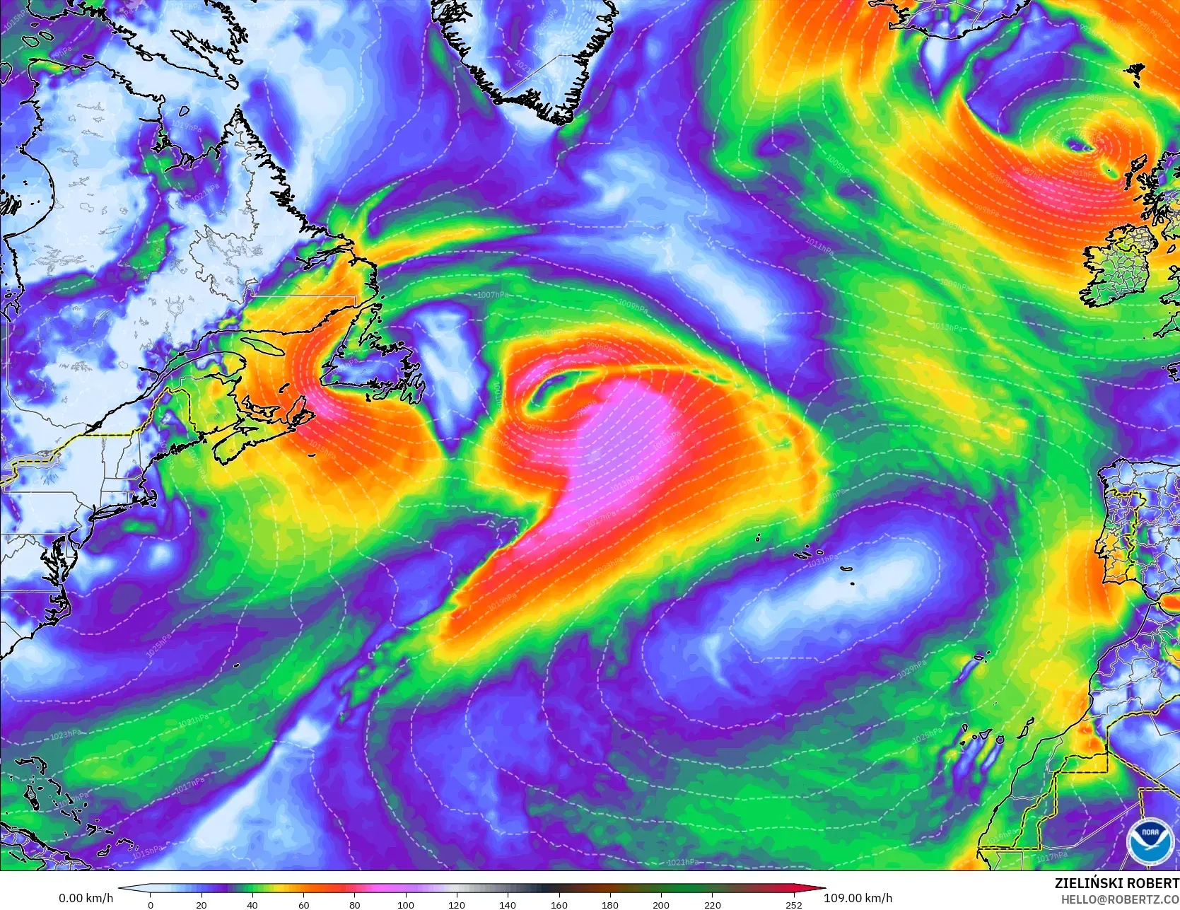 GFS model - Atlantik Utara, Hembusan Angin