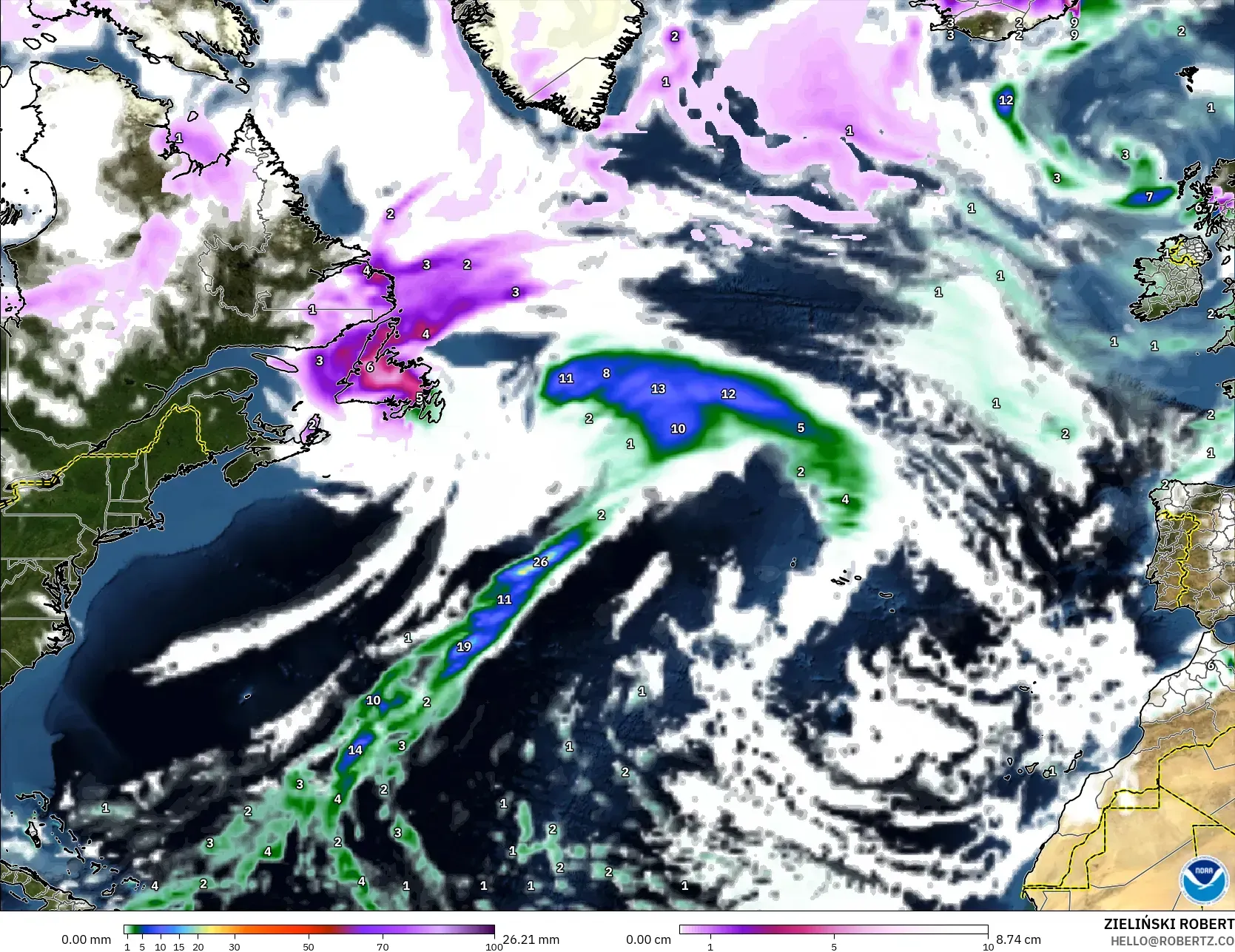 GFS model - Atlantik Utara, Curah Hujan, Awan, dan Tekanan