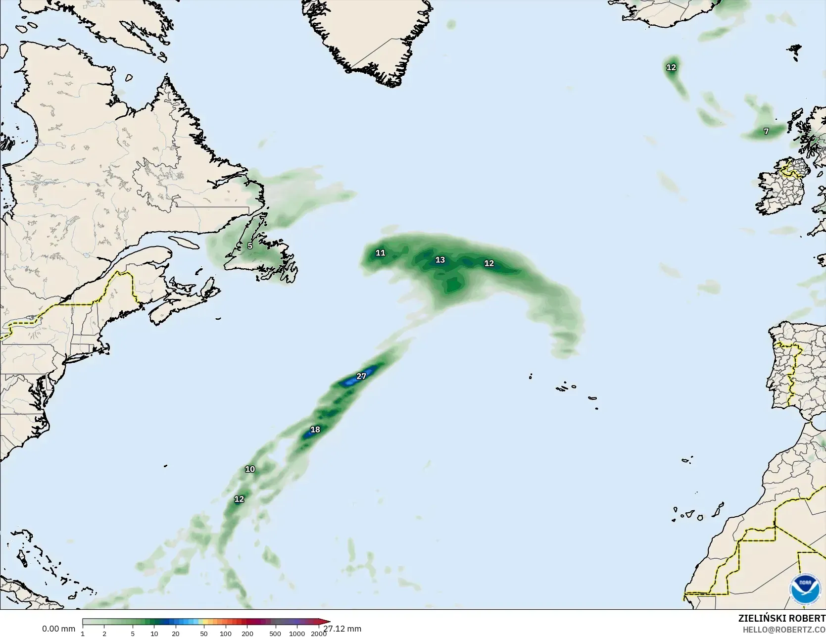 GFS model - Atlantik Utara, Akumulasi Curah Hujan