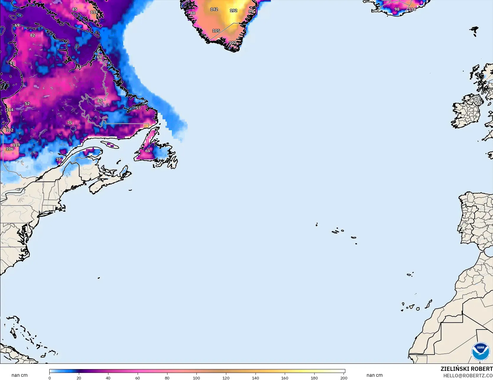 GFS model - Atlantik Utara, Kedalaman Salju
