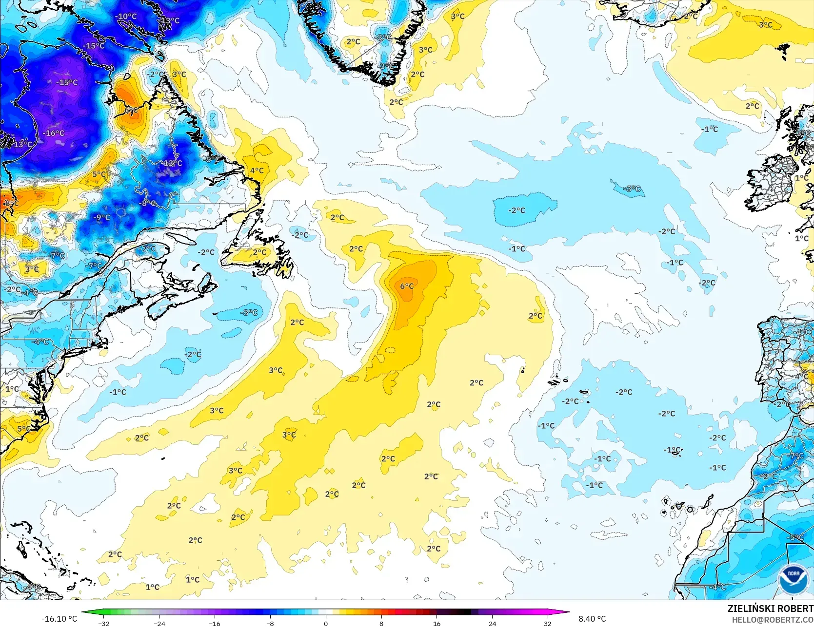GFS model - Atlantik Utara, Anomali Suhu 2 m
