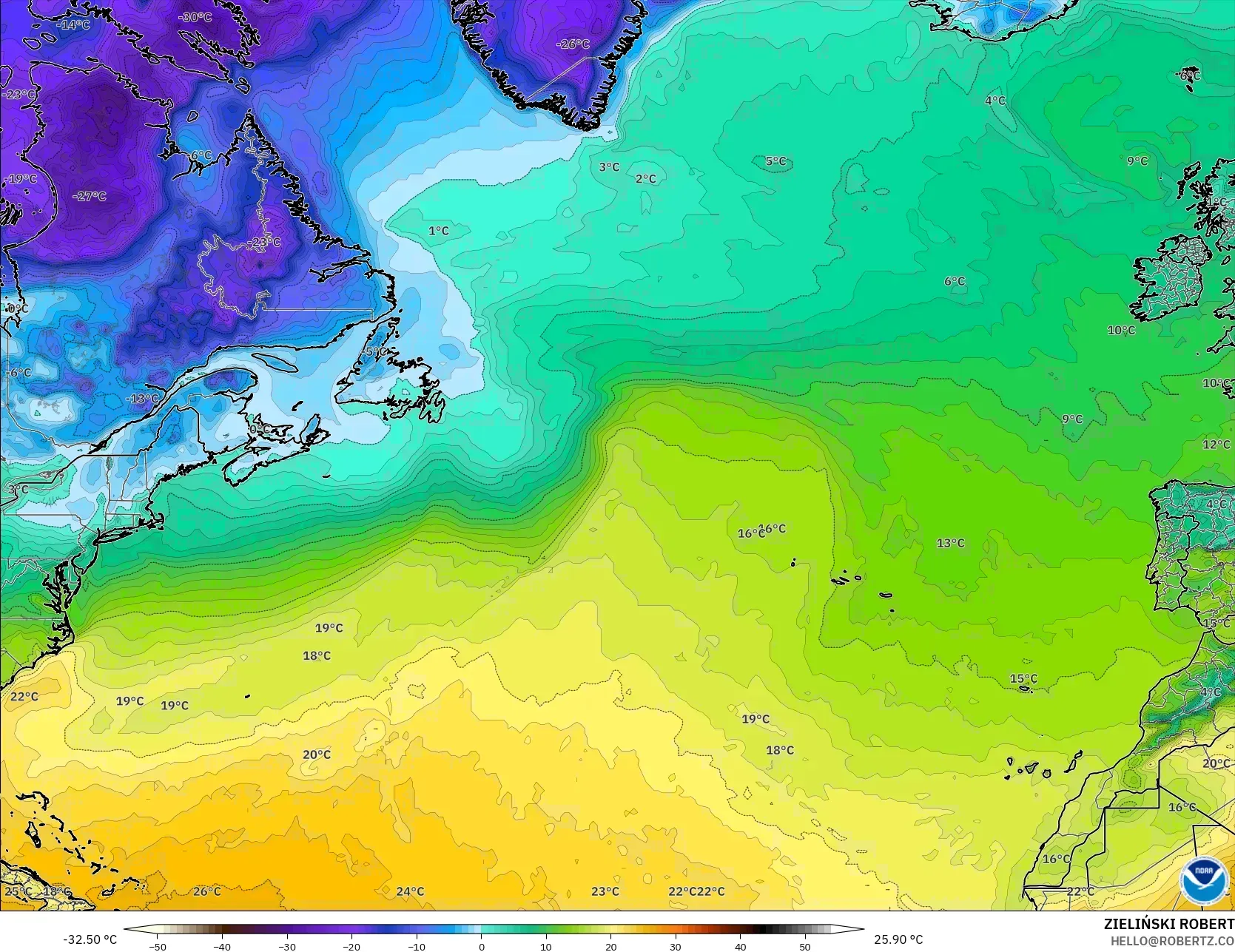 GFS model - Atlantik Utara, Suhu 2 m