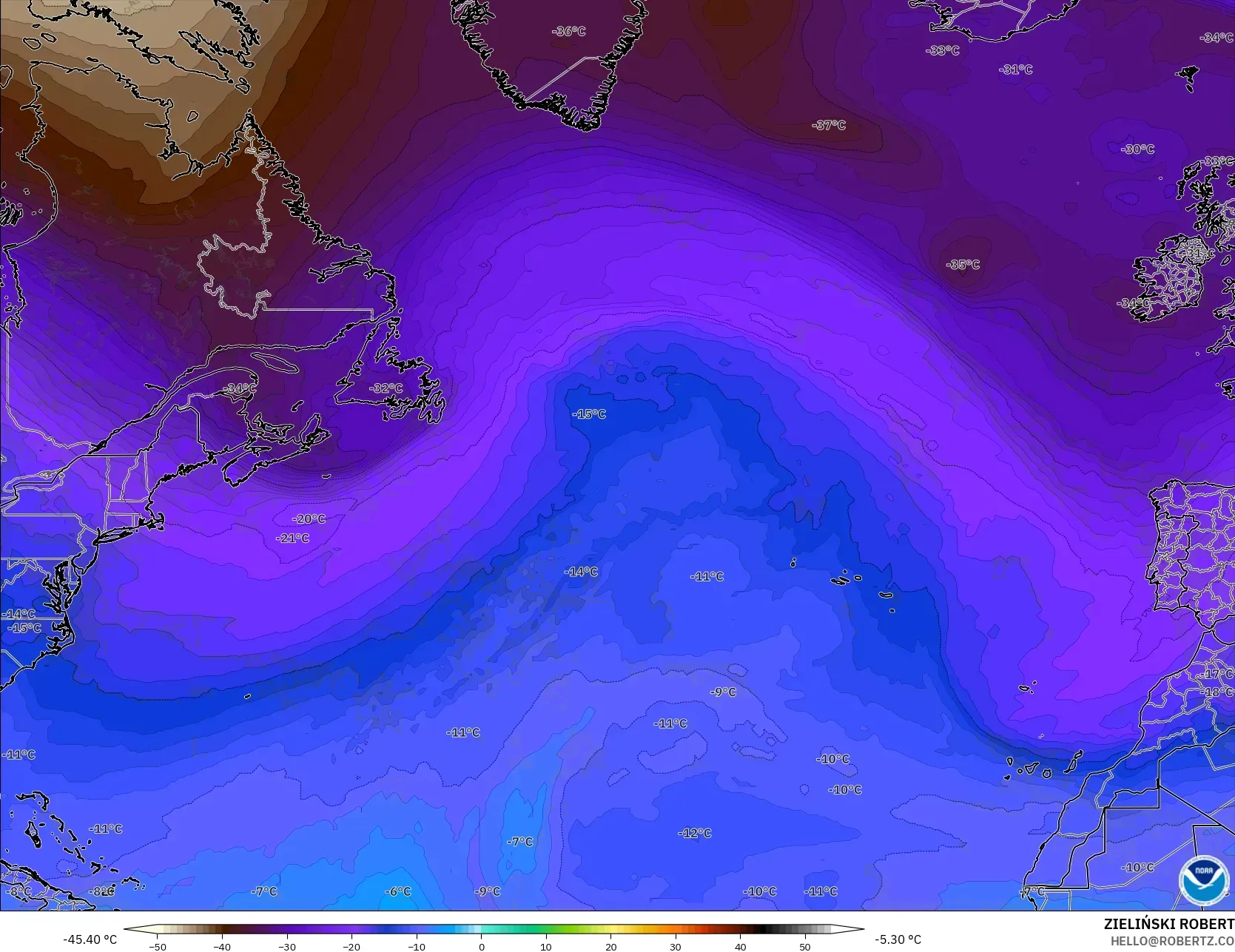 GFS model - Atlantik Utara, Suhu 500 hPa