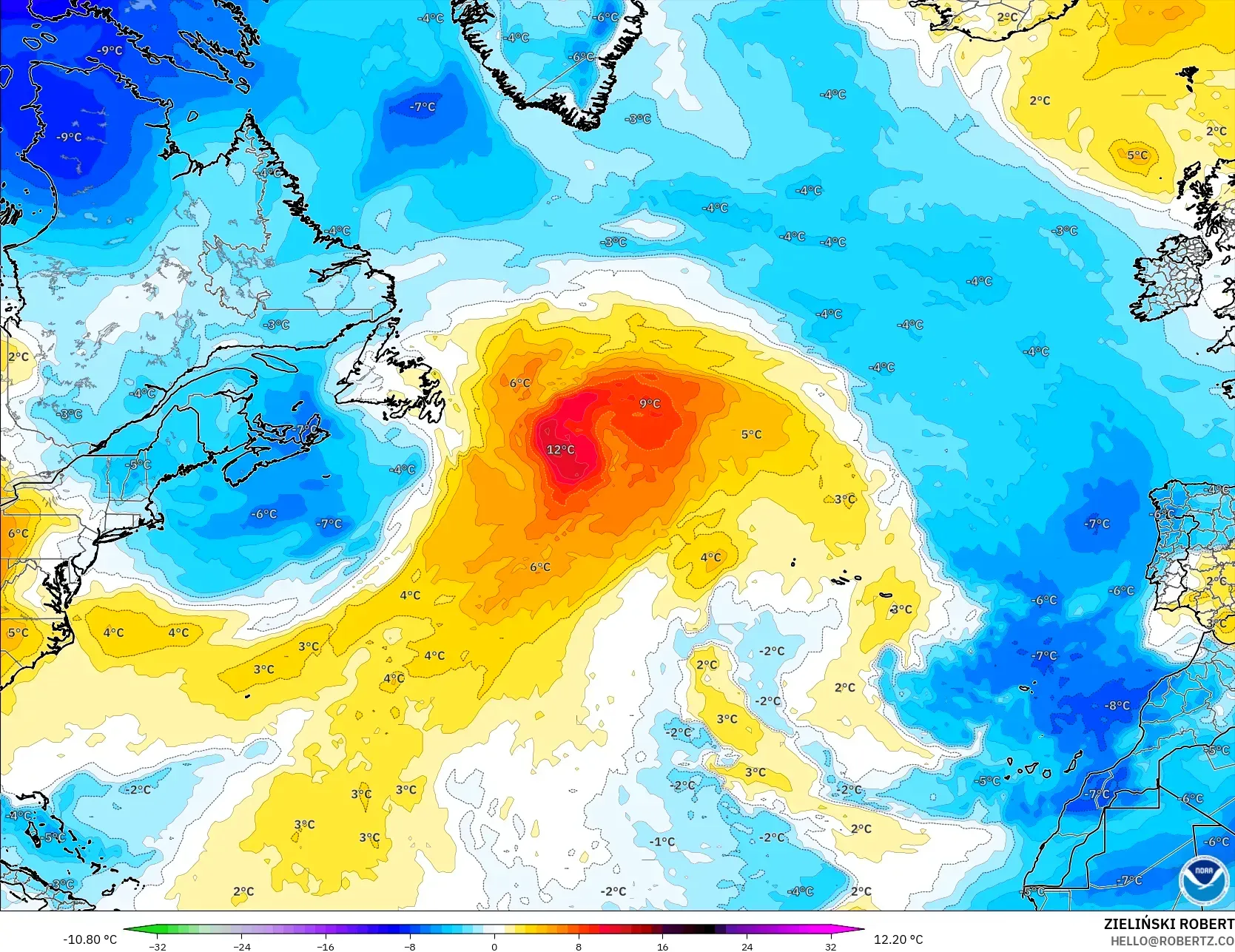 GFS model - Atlantik Utara, Anomali Suhu 850 hPa