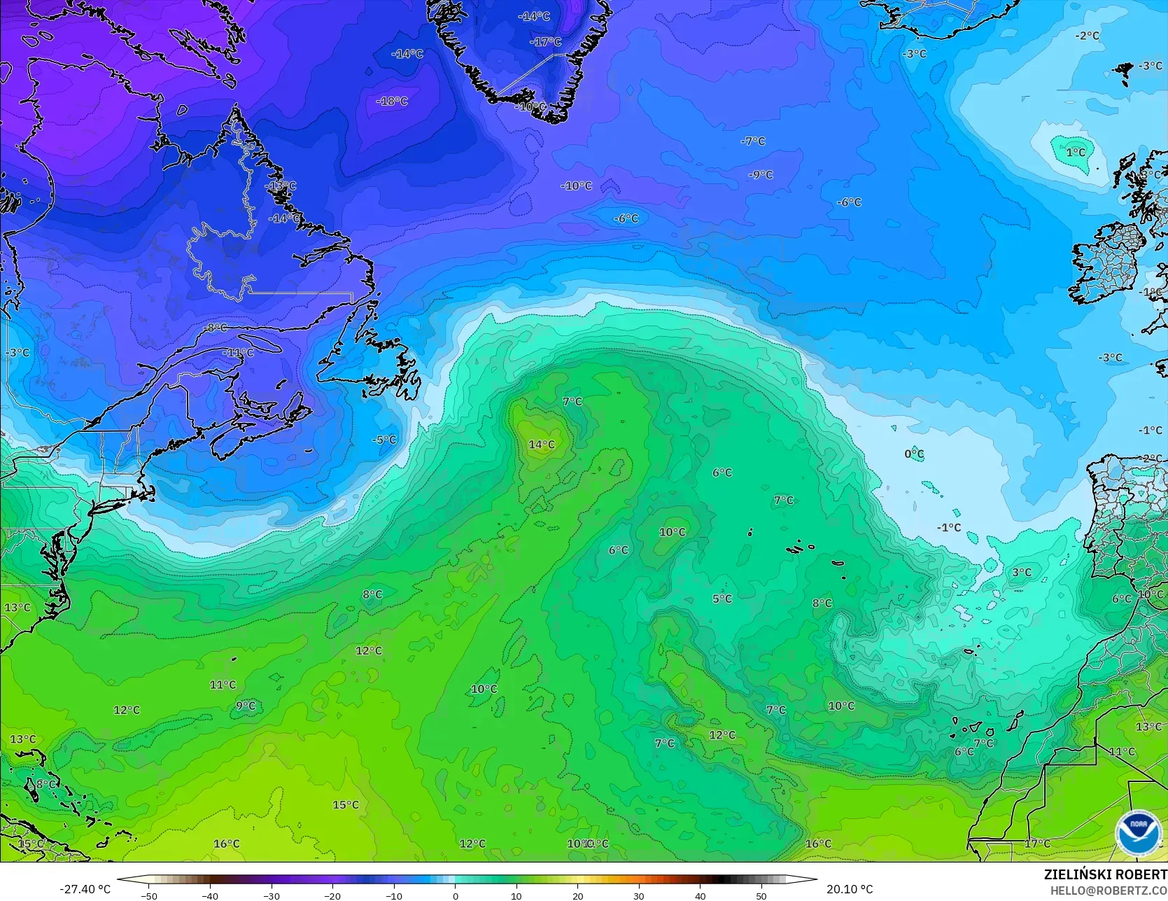 GFS model - Atlantik Utara, Suhu 850 hPa