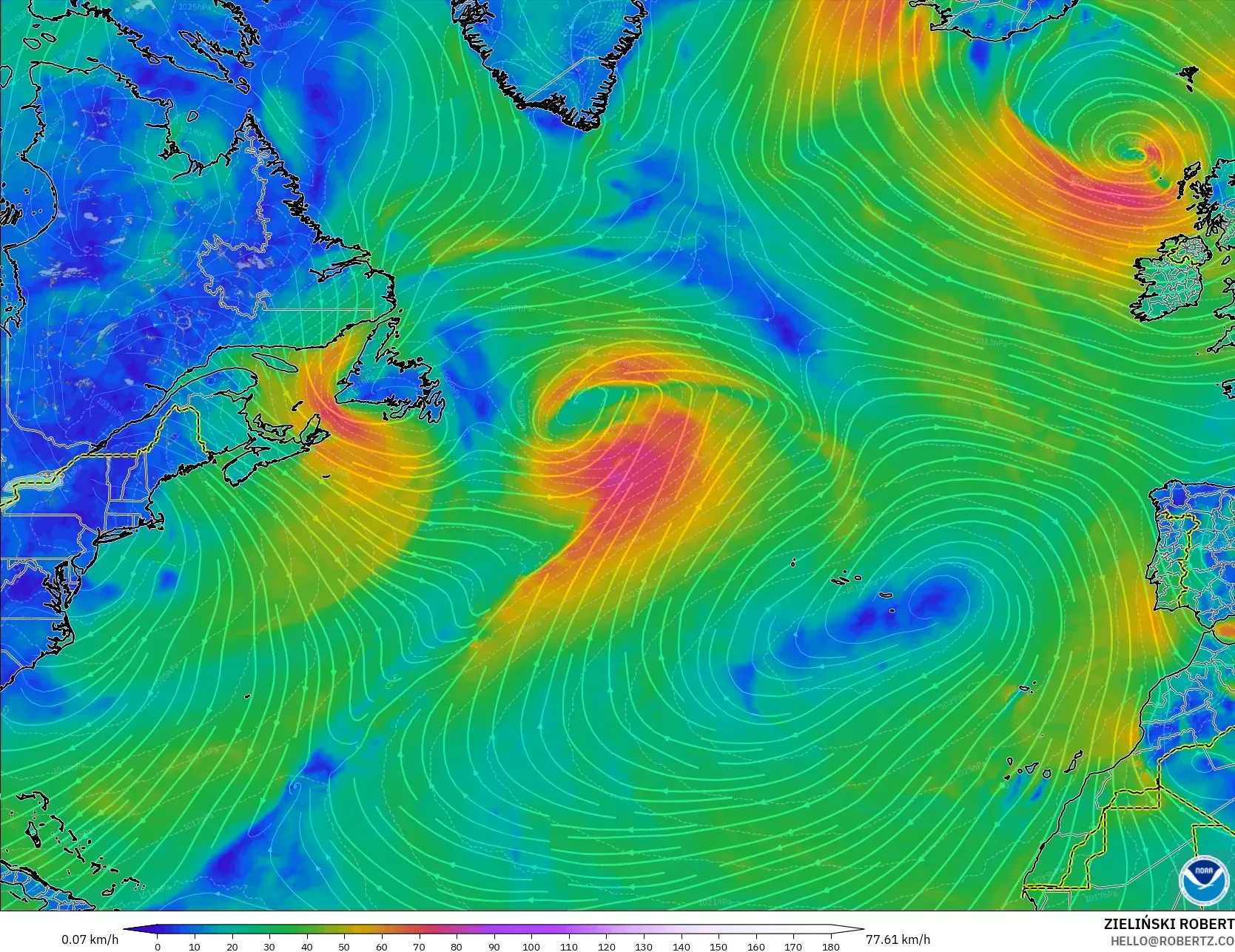 GFS model - Atlantik Utara, Angin 10 m