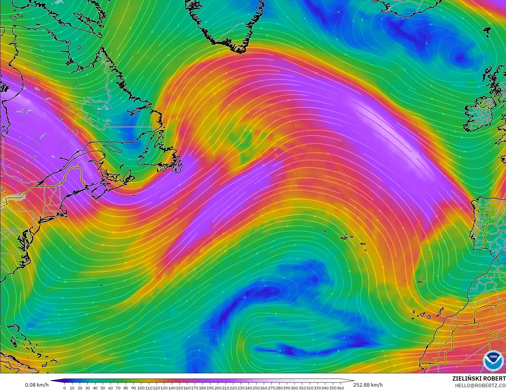 GFS model - Atlantik Utara, Angin 300 hPa (aliran jet)