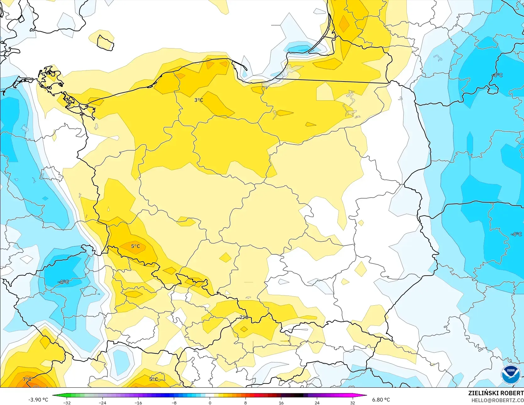 GFS model - Polandia, Anomali Suhu 2 m