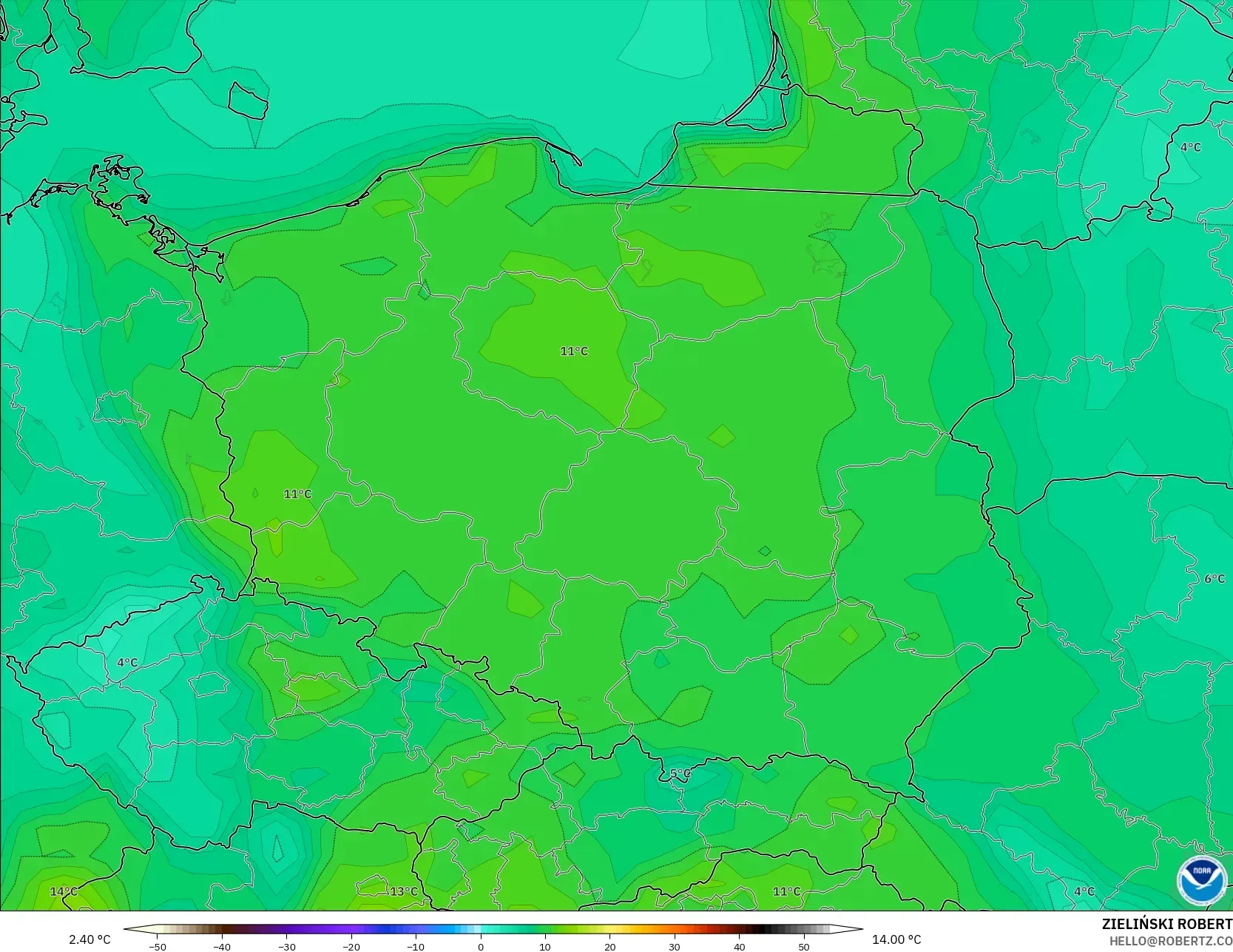 GFS model - Polandia, Suhu 2 m