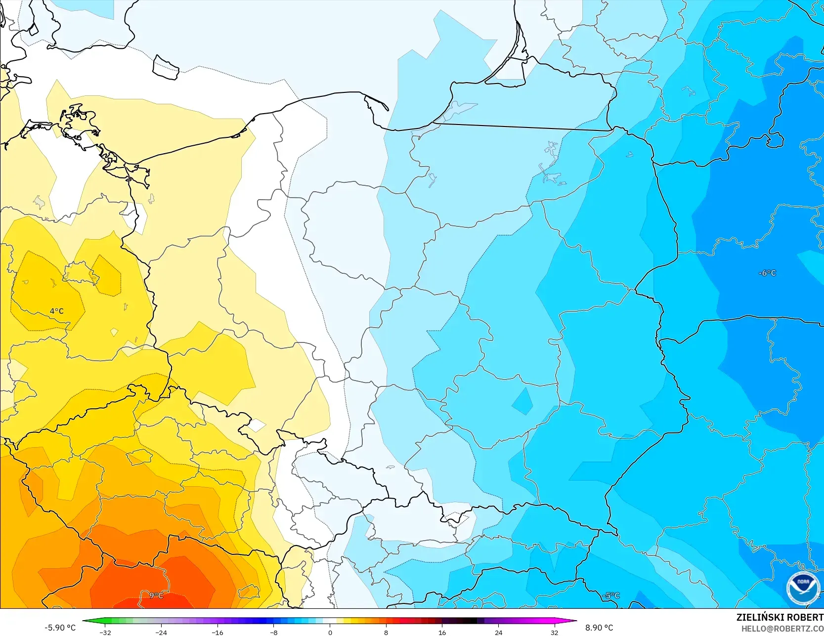 GFS model - Polandia, Anomali Suhu 850 hPa