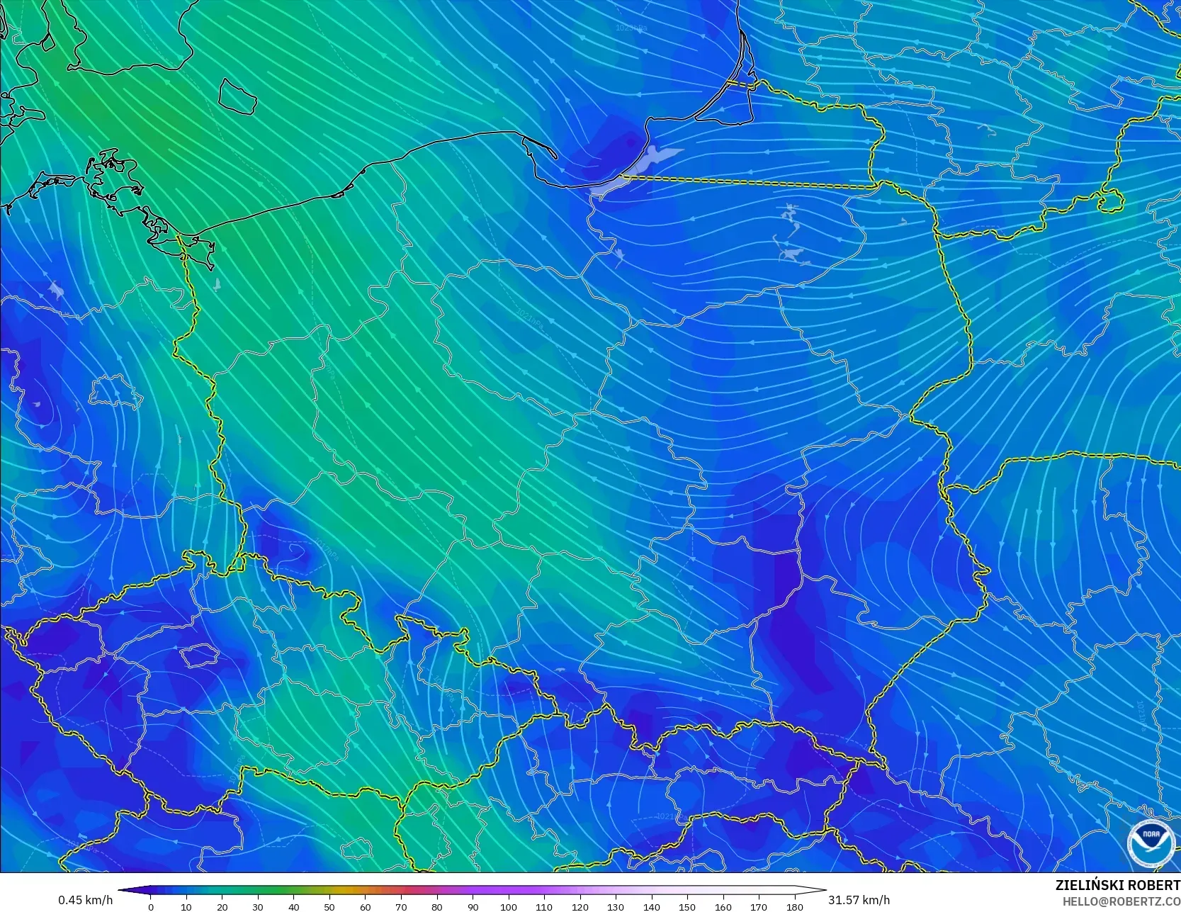 GFS model - Polandia, Angin 10 m