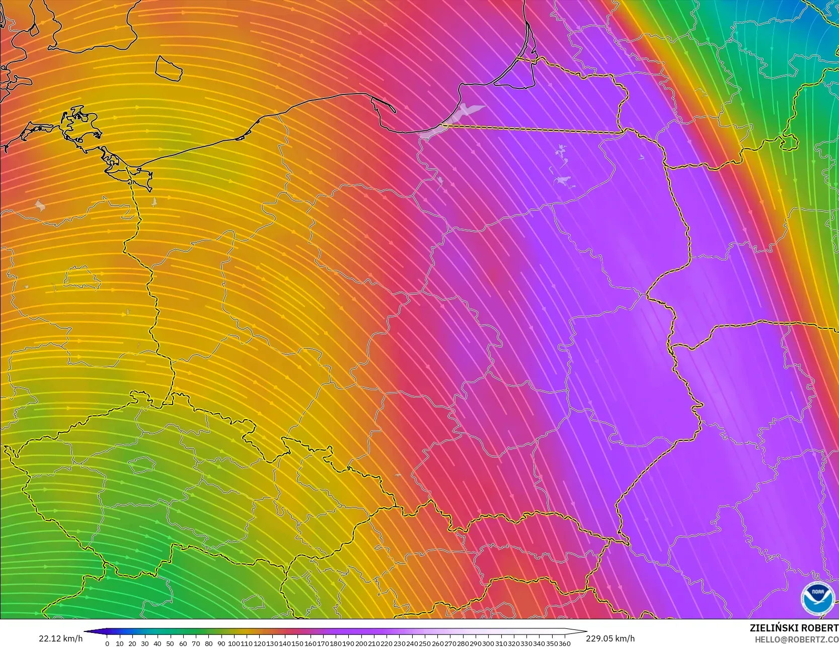GFS model - Polandia, Angin 300 hPa (aliran jet)