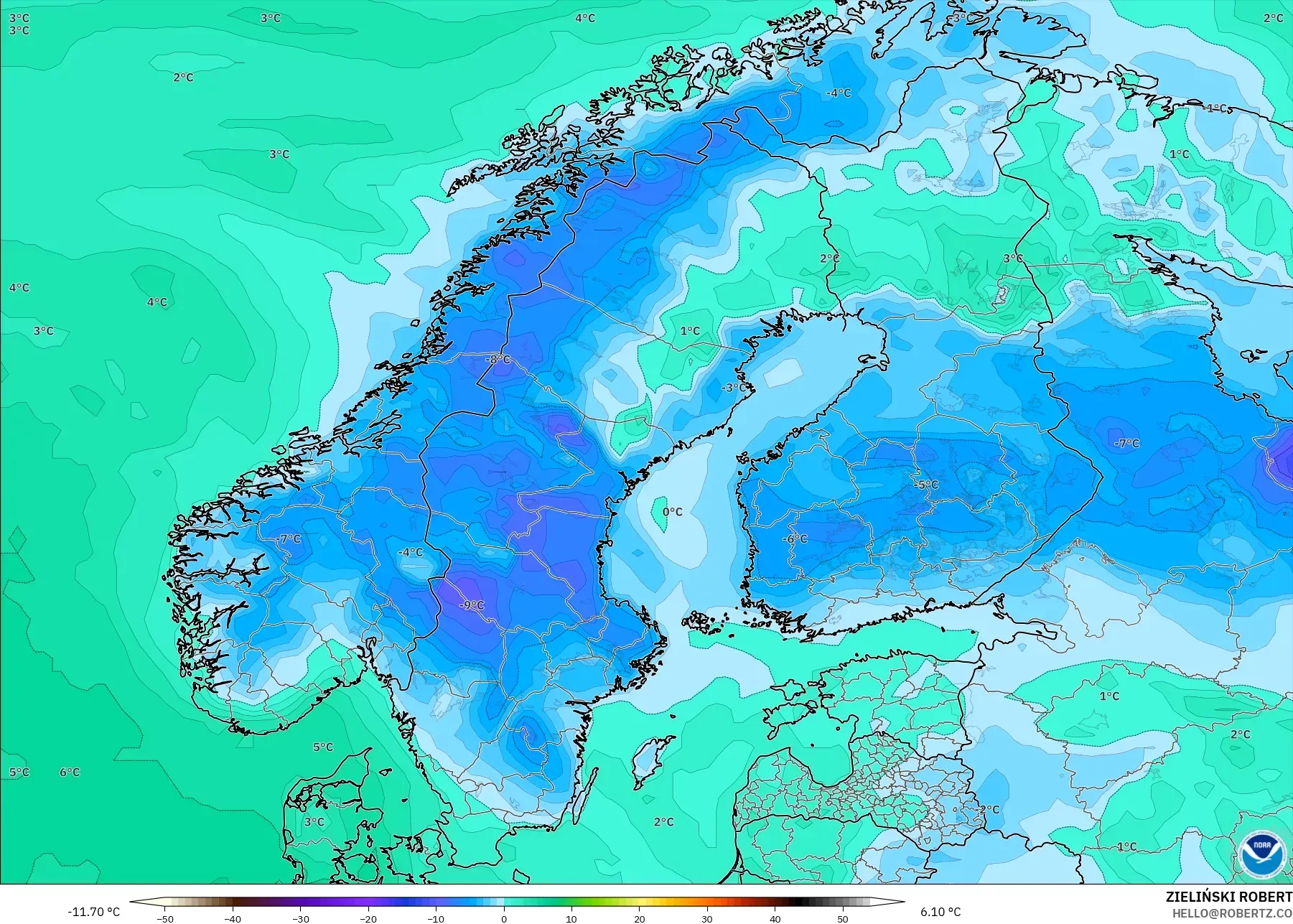 GFS model - Skandinavia, Titik Embun 2 m