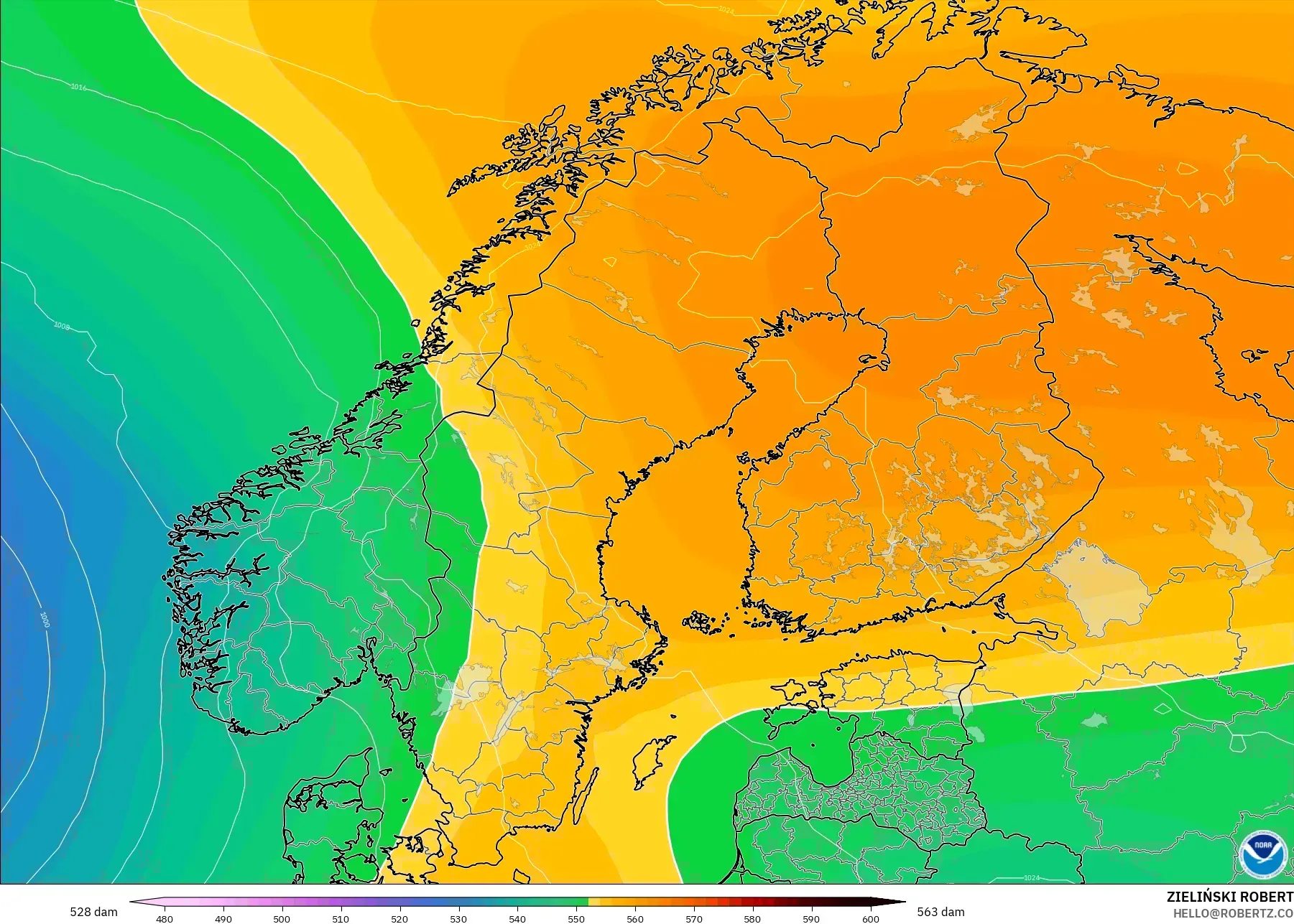 GFS model - Skandinavia, Ketinggian geopotensial pada 500 hPa
