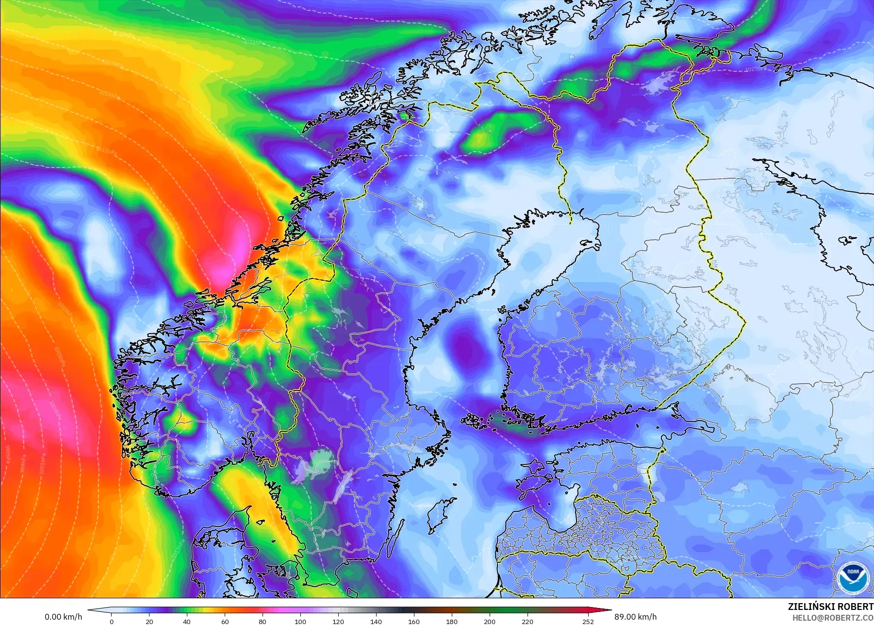 GFS model - Skandinavia, Hembusan Angin