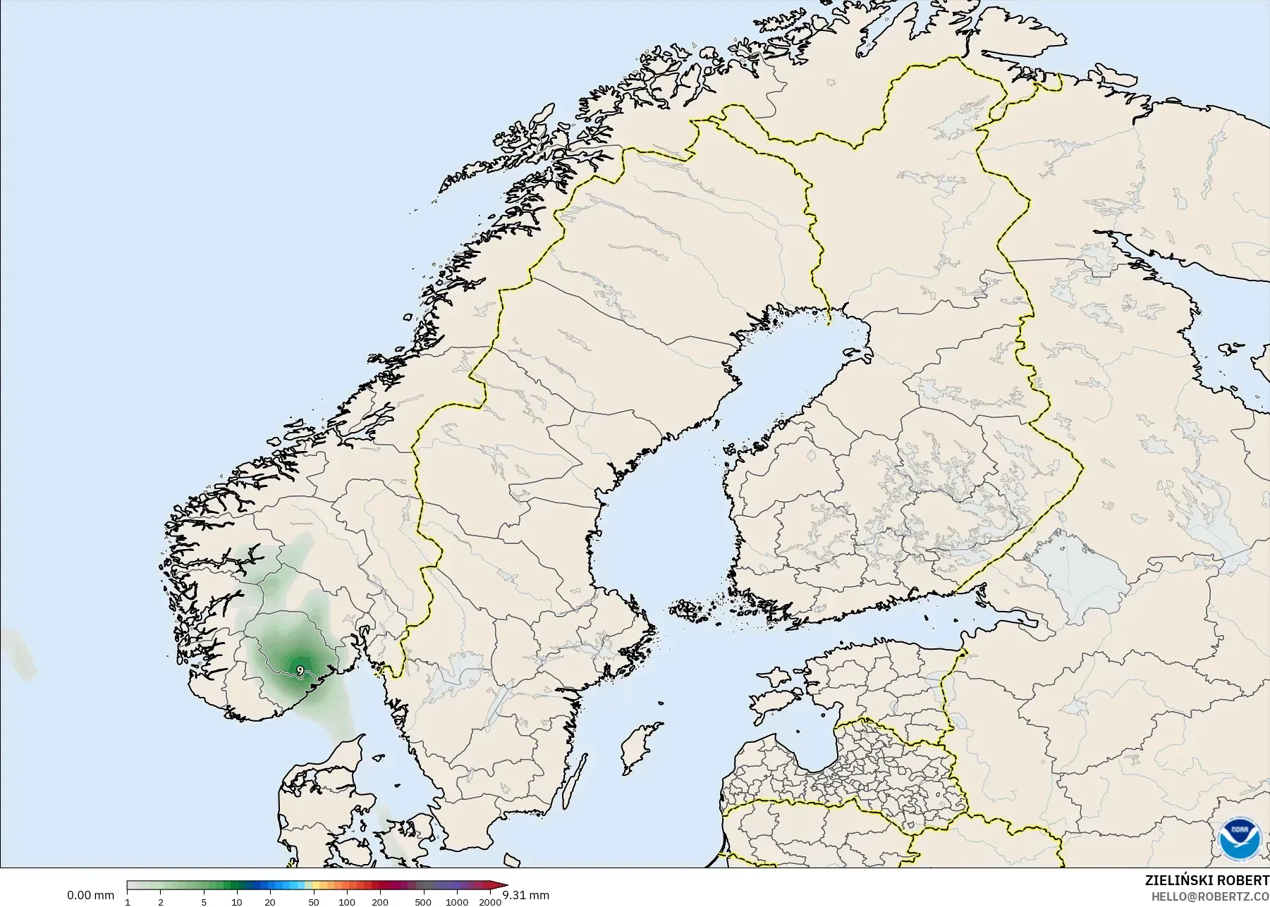 GFS model - Skandinavia, Akumulasi Curah Hujan