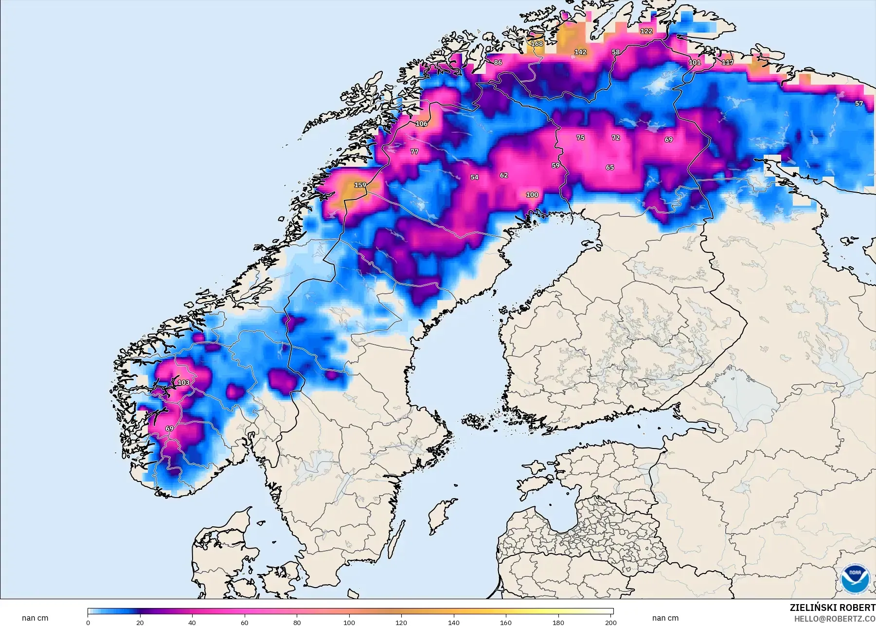 GFS model - Skandinavia, Kedalaman Salju