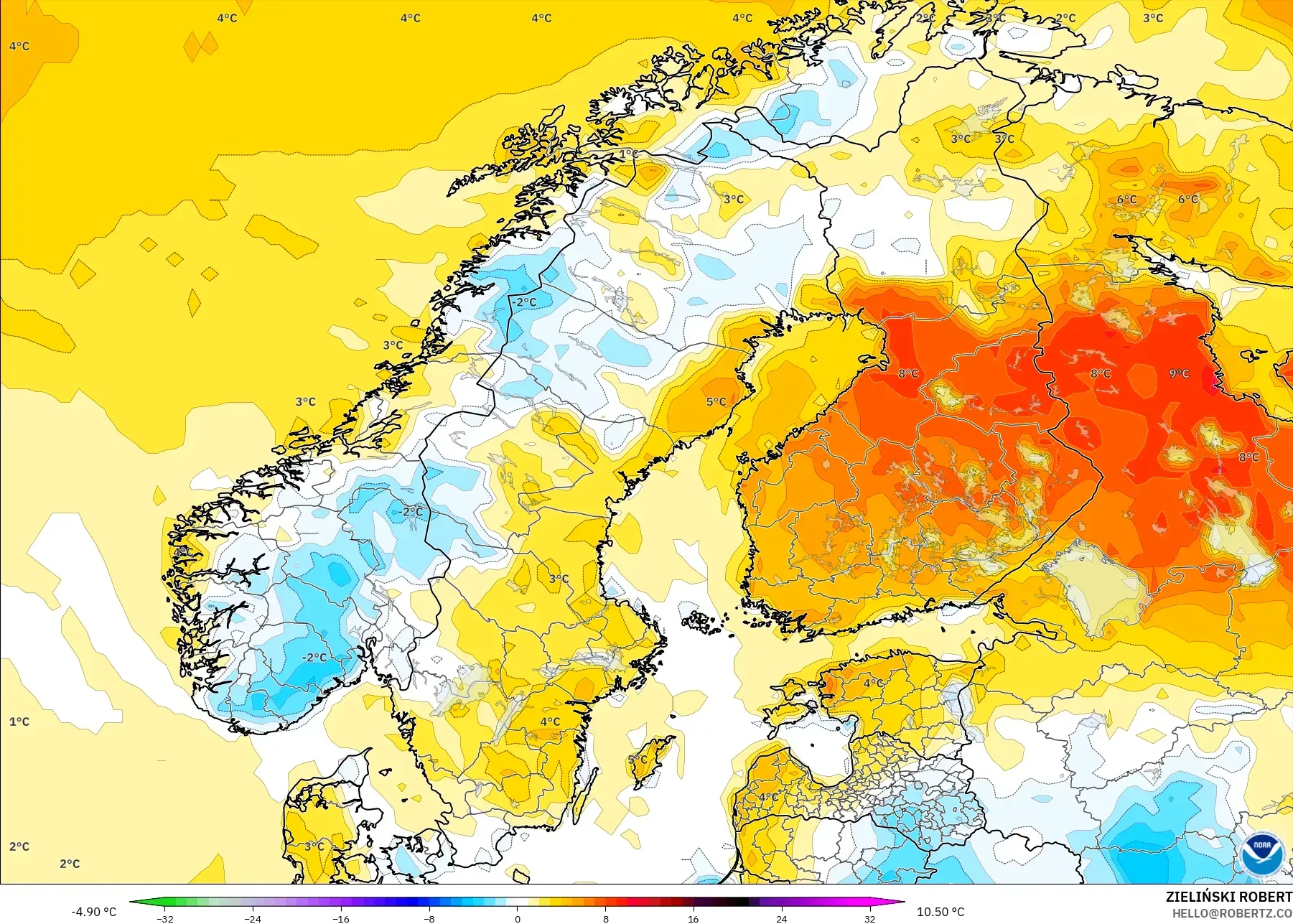 GFS model - Skandinavia, Anomali Suhu 2 m