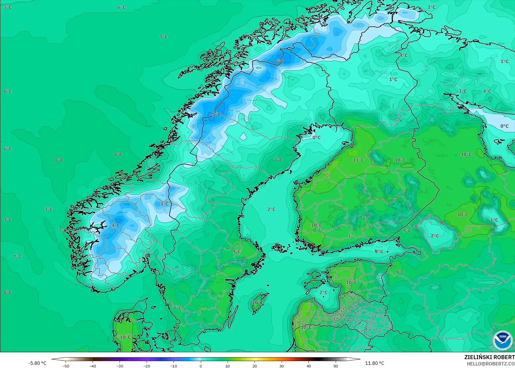 GFS model - Skandinavia, Suhu 2 m