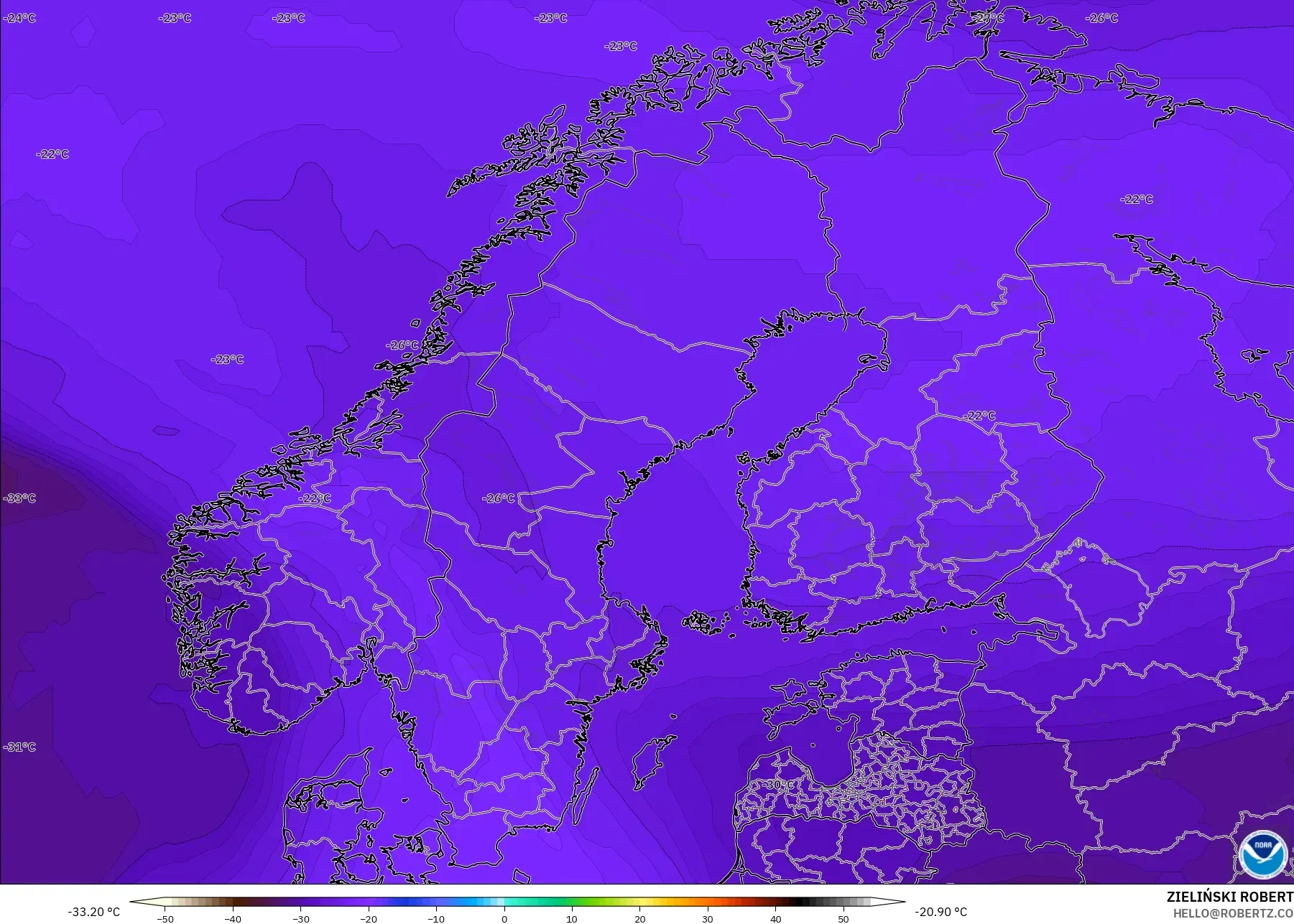 GFS model - Skandinavia, Suhu 500 hPa