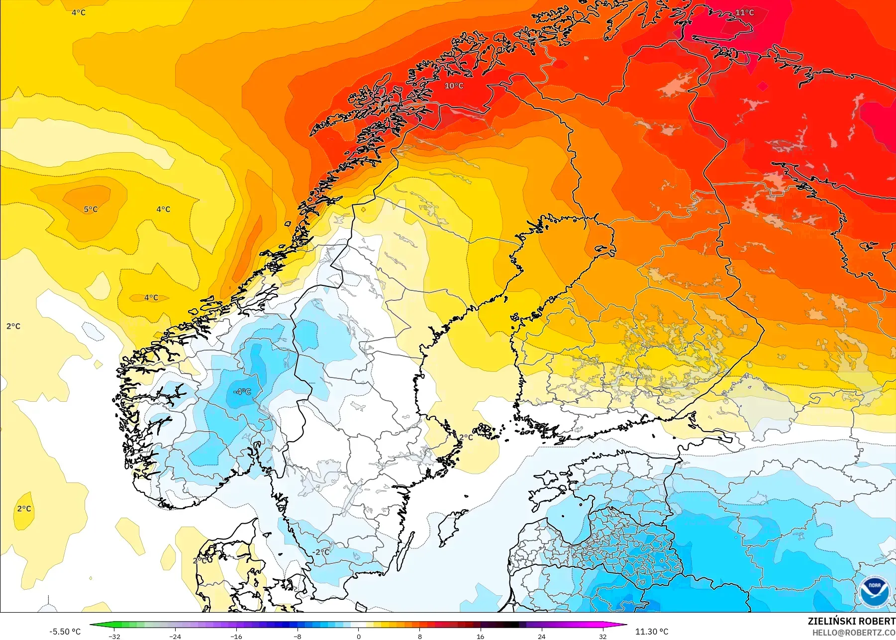 GFS model - Skandinavia, Anomali Suhu 850 hPa