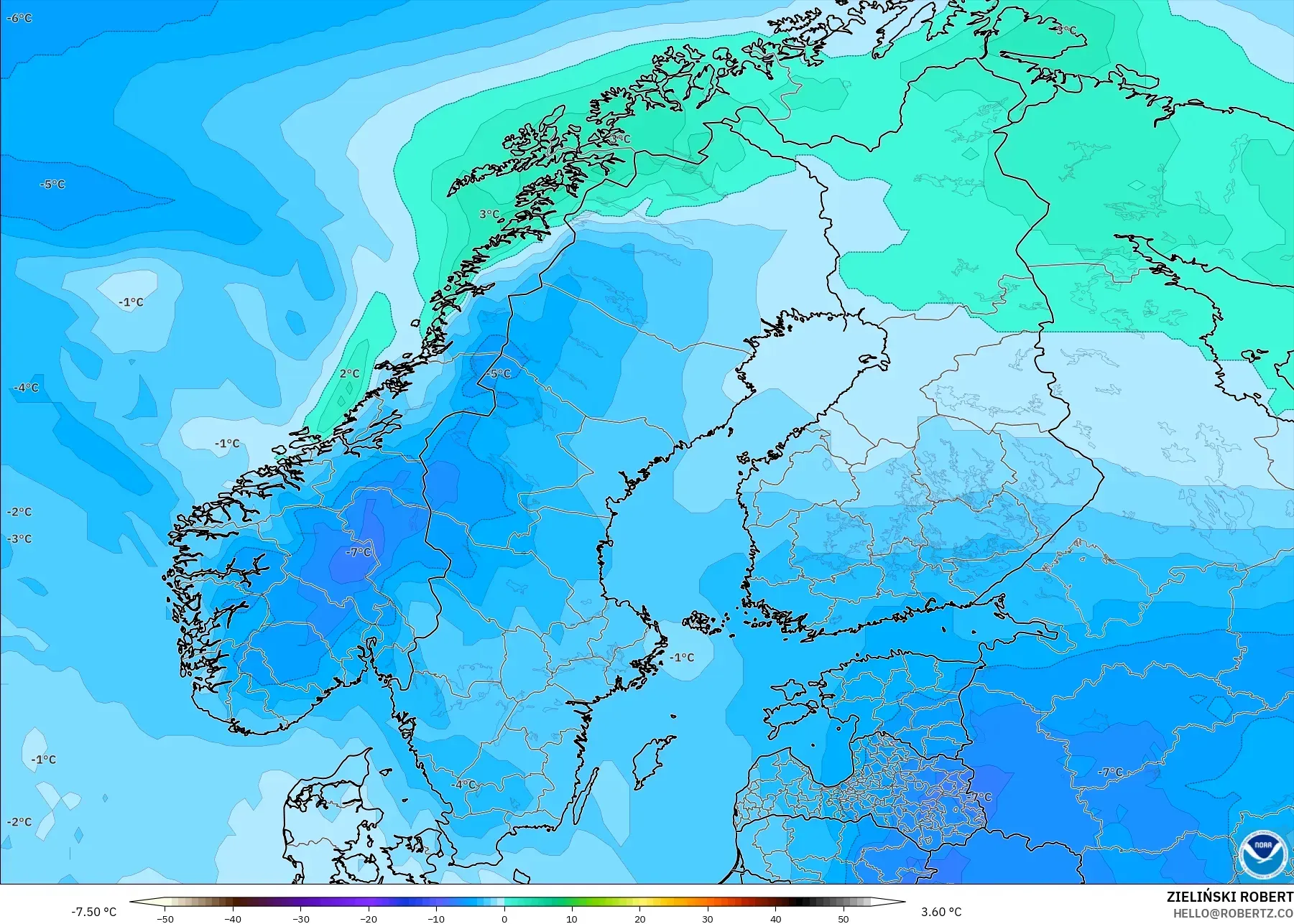 GFS model - Skandinavia, Suhu 850 hPa