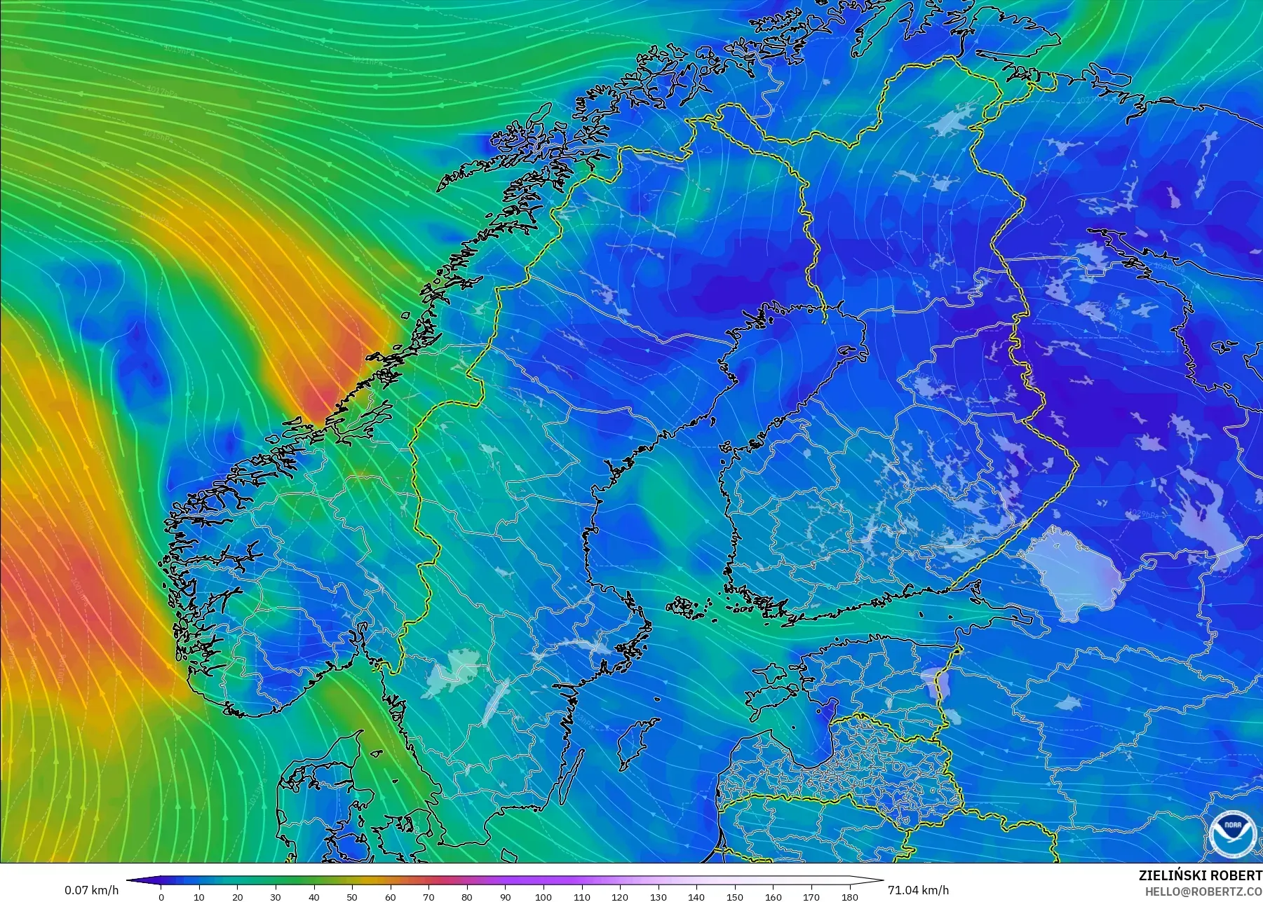 GFS model - Skandinavia, Angin 10 m