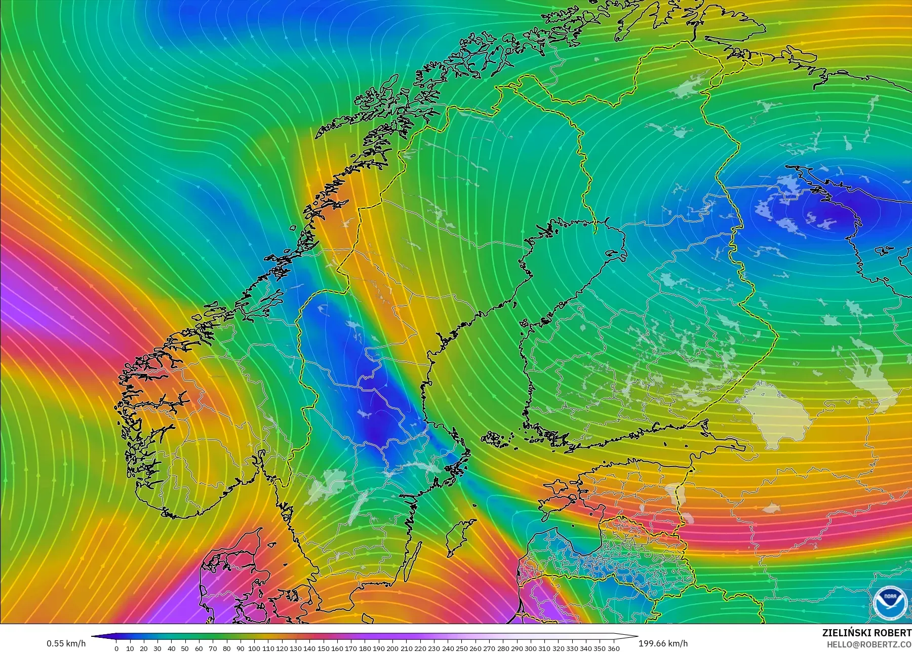 GFS model - Skandinavia, Angin 300 hPa (aliran jet)