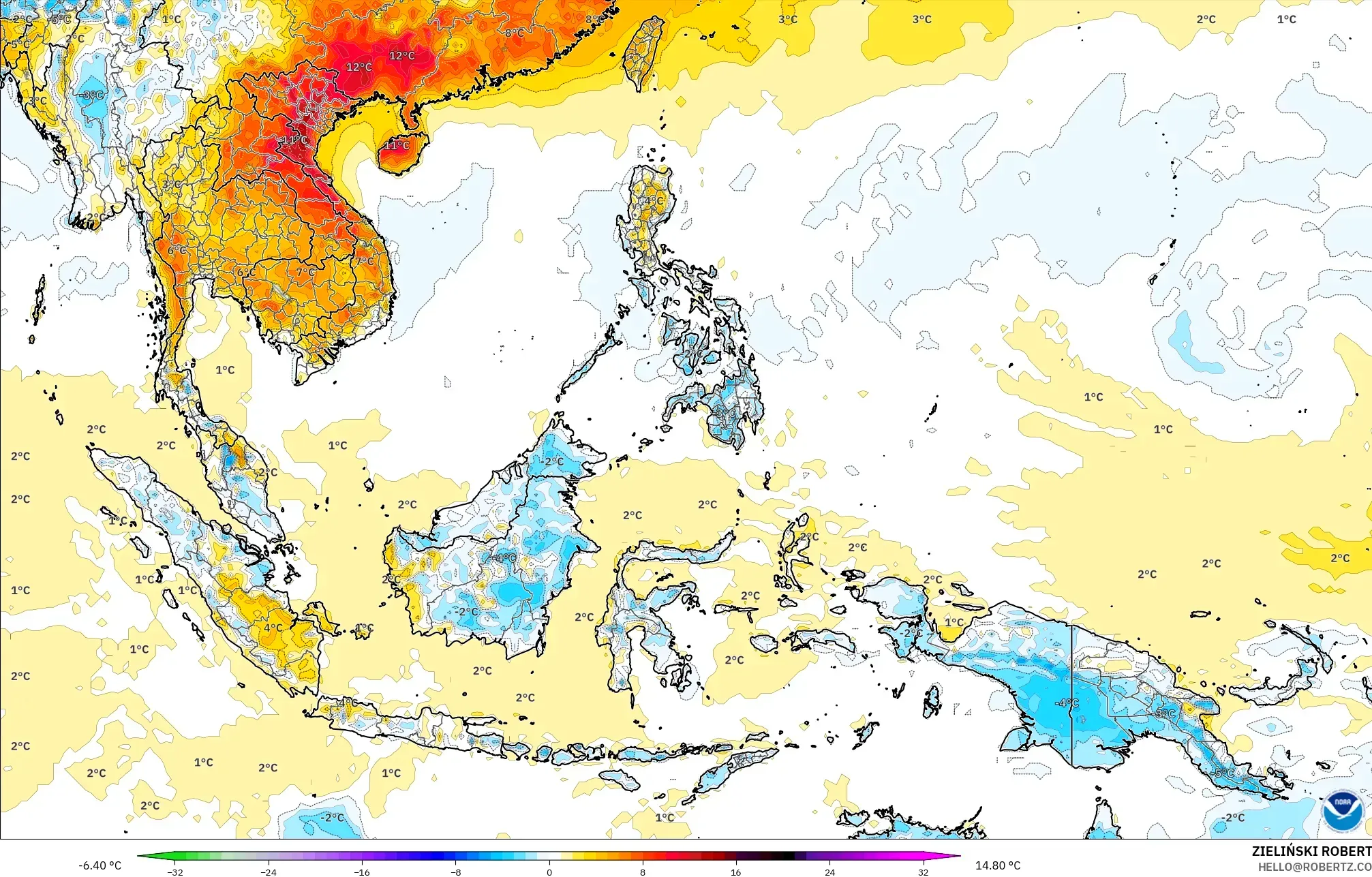 GFS model - Asia Tenggara, Anomali Suhu 2 m