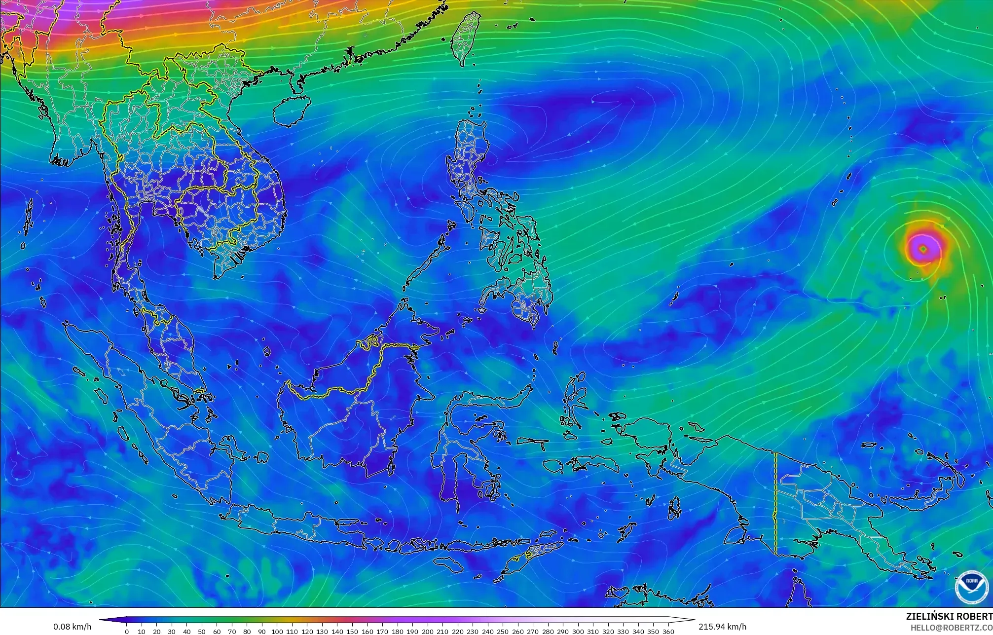 GFS model - Asia Tenggara, Angin 300 hPa (aliran jet)