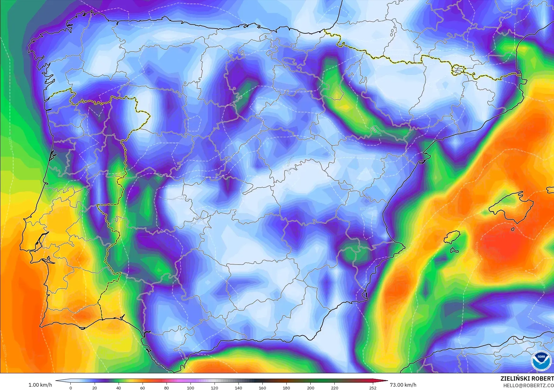 GFS model - Spanyol, Puncak Hembusan