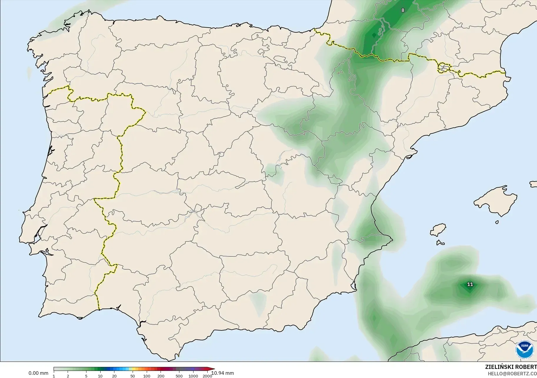 GFS model - Spanyol, Akumulasi Curah Hujan