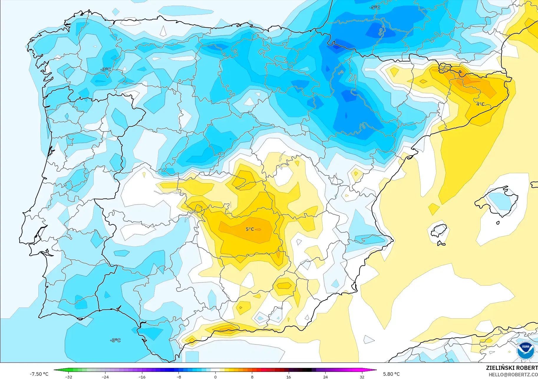 GFS model - Spanyol, Anomali Suhu 2 m