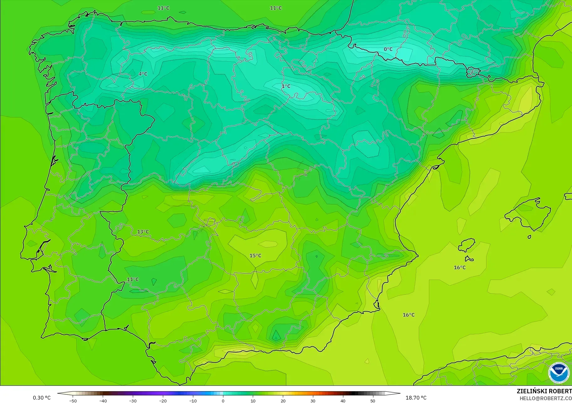 GFS model - Spanyol, Suhu 2 m