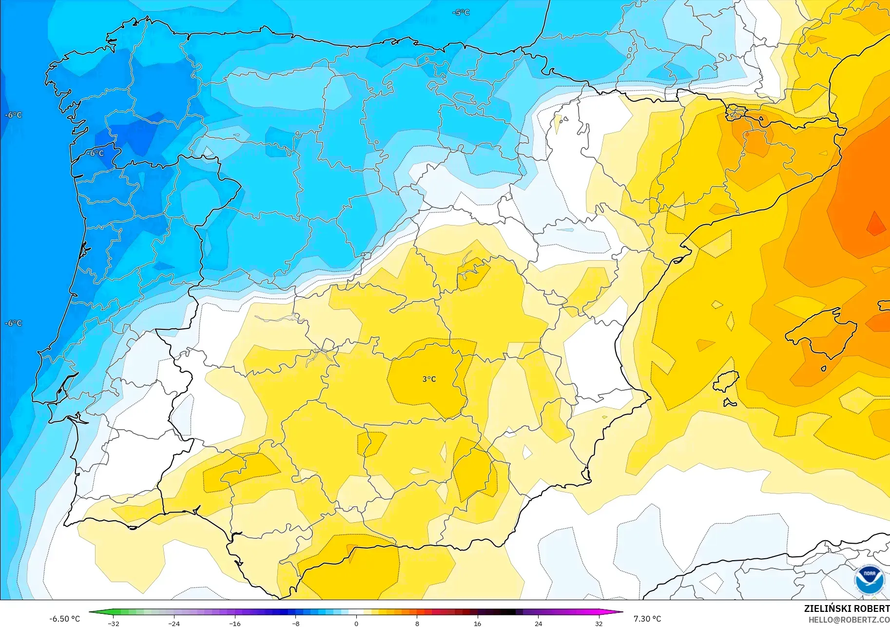 GFS model - Spanyol, Anomali Suhu 850 hPa