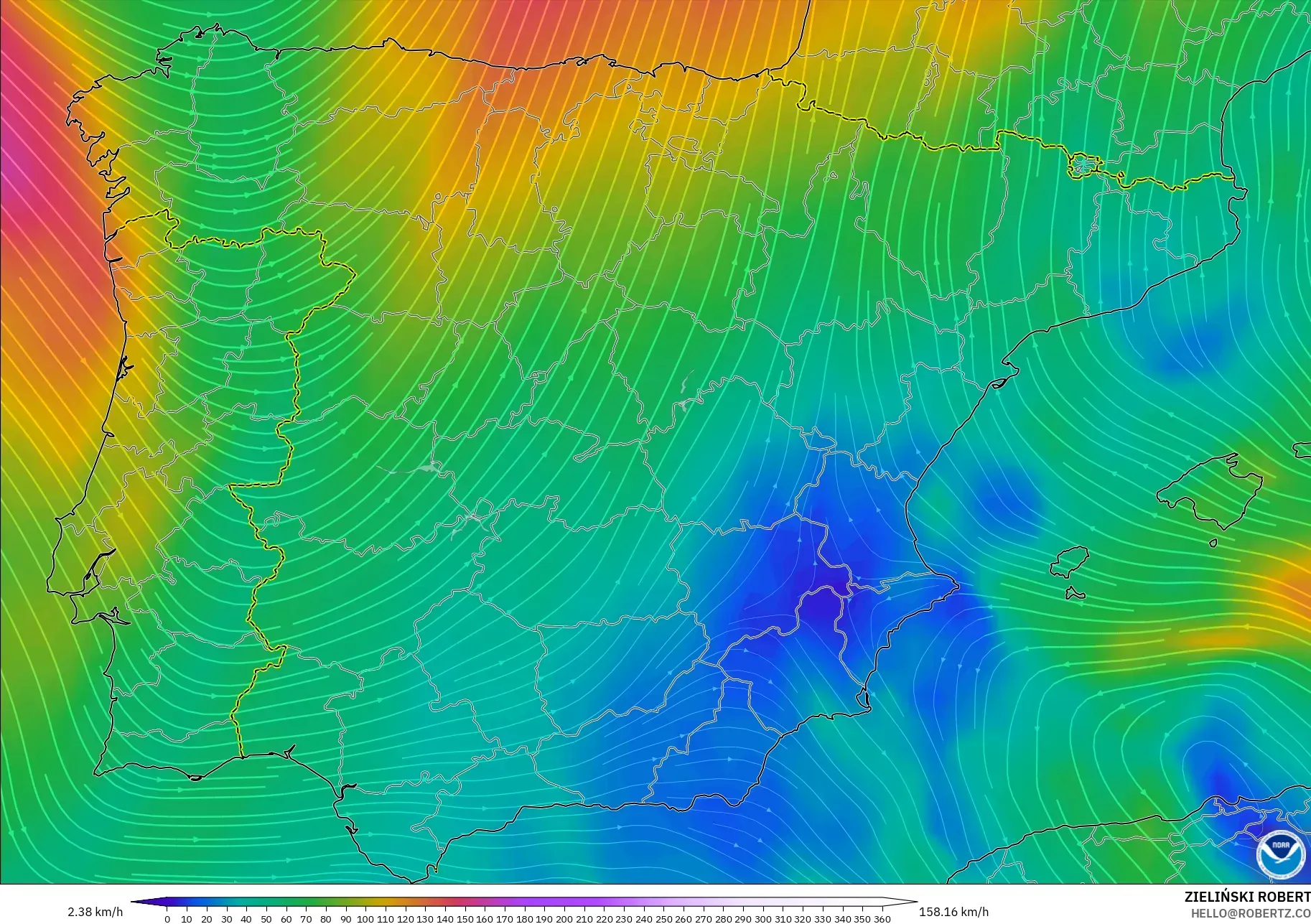 GFS model - Spanyol, Angin 300 hPa (aliran jet)
