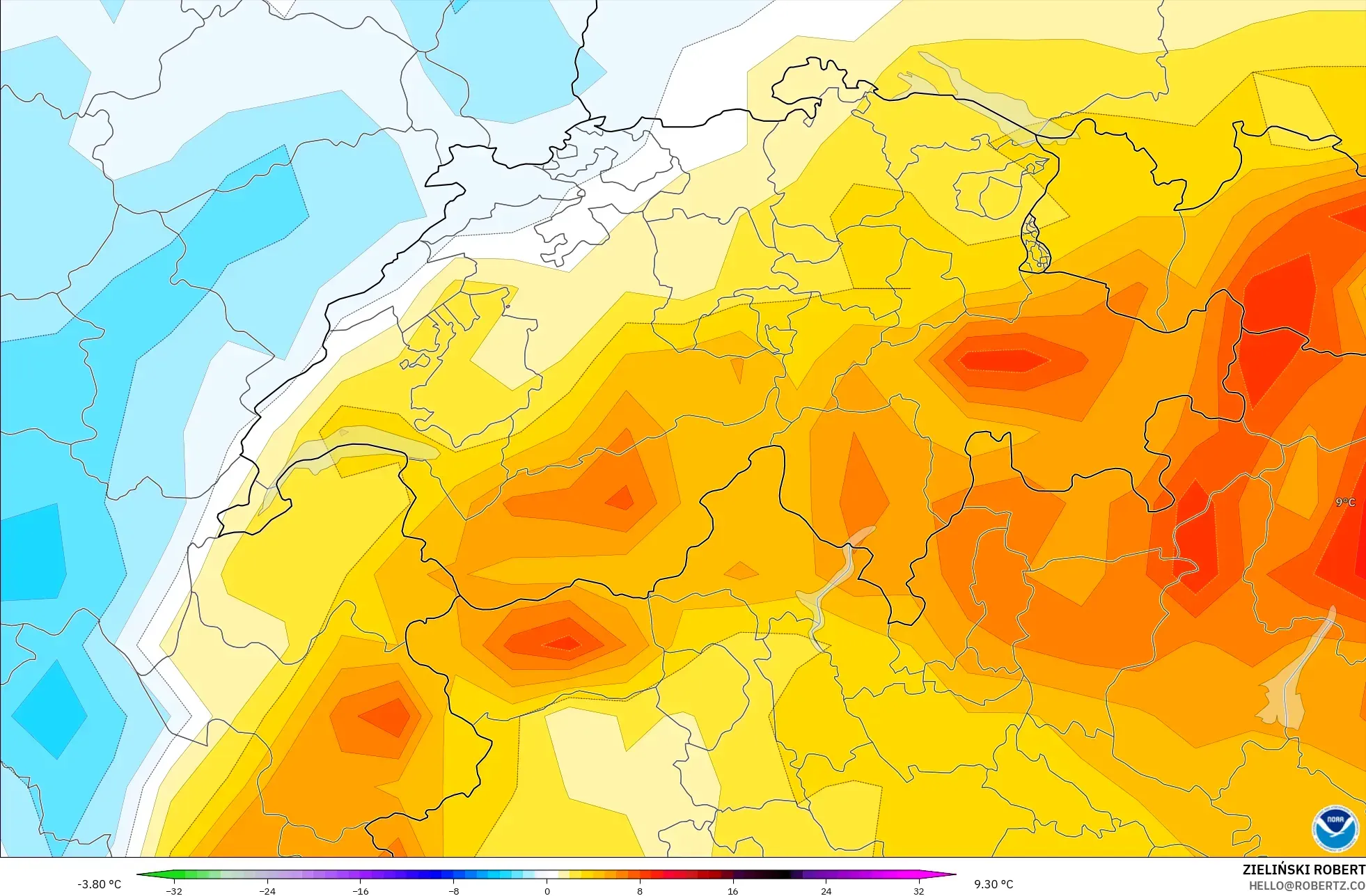 GFS model - Swiss, Anomali Suhu 2 m