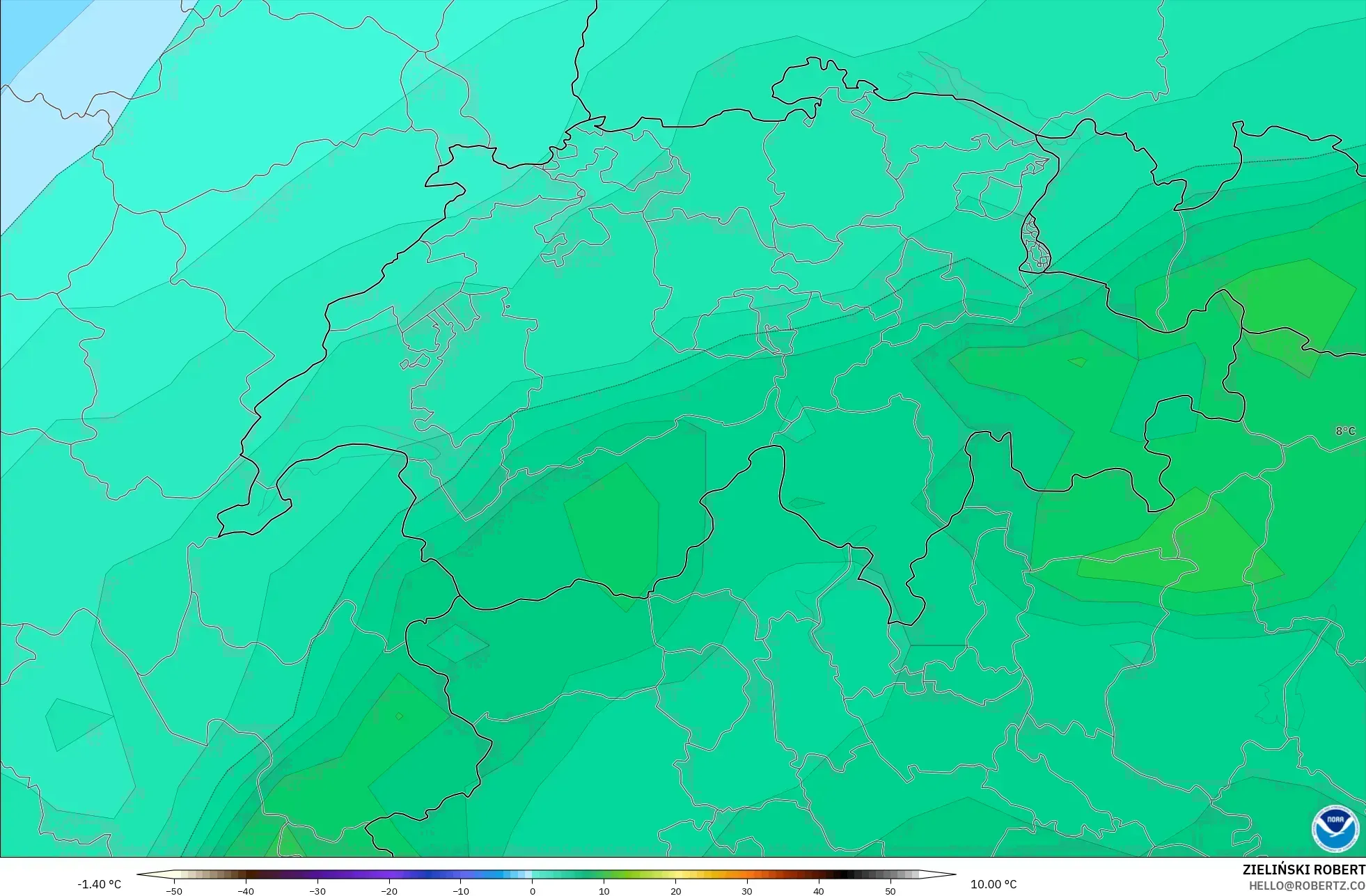 GFS model - Swiss, Suhu 850 hPa