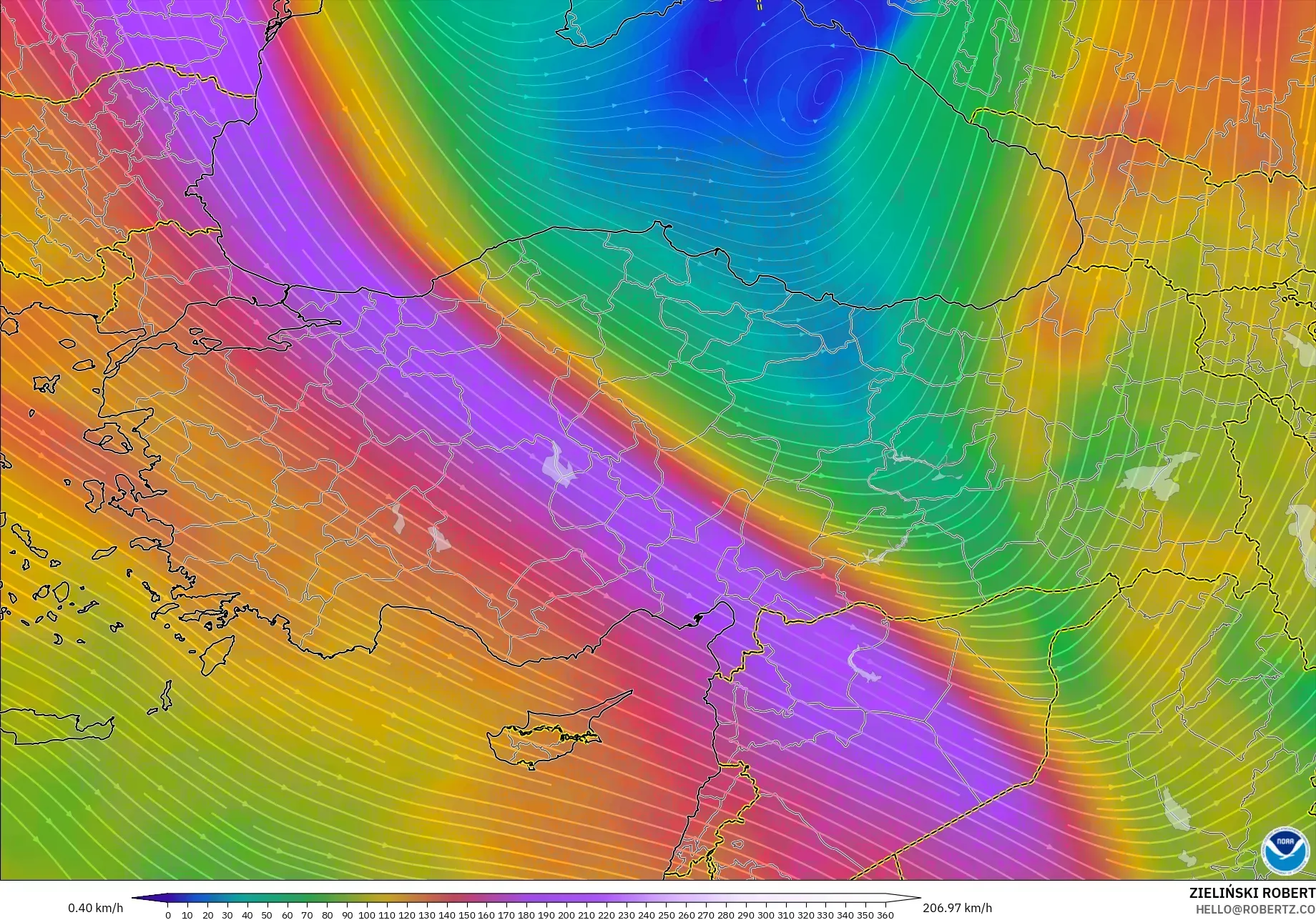 GFS model - Turki, Angin 300 hPa (aliran jet)