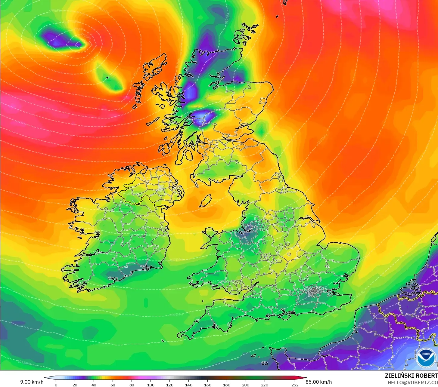 GFS model - Britania Raya, Hembusan Angin