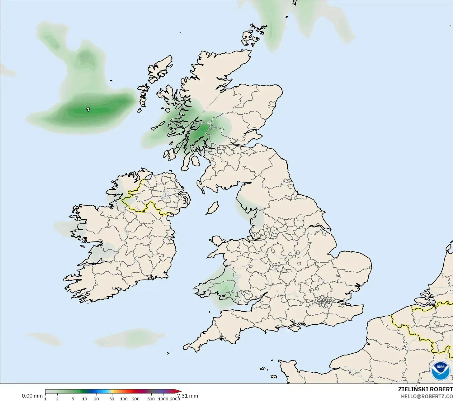 GFS model - Britania Raya, Akumulasi Curah Hujan