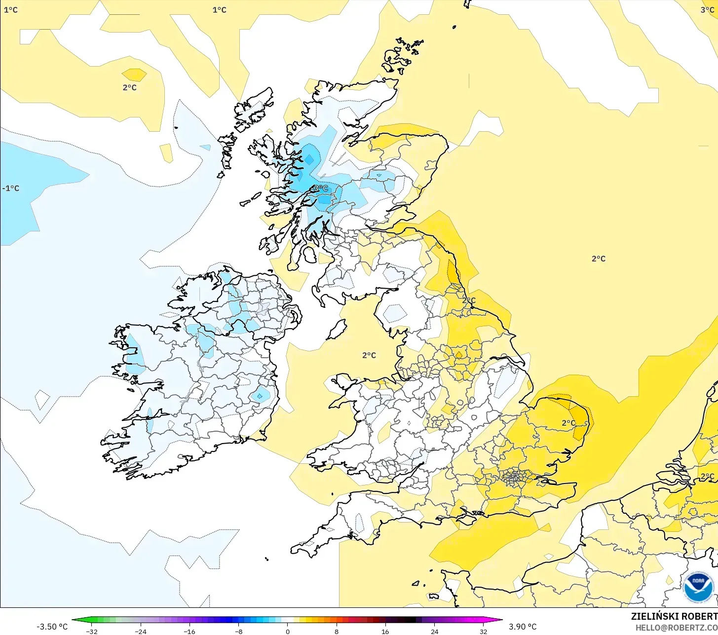 GFS model - Britania Raya, Anomali Suhu 2 m